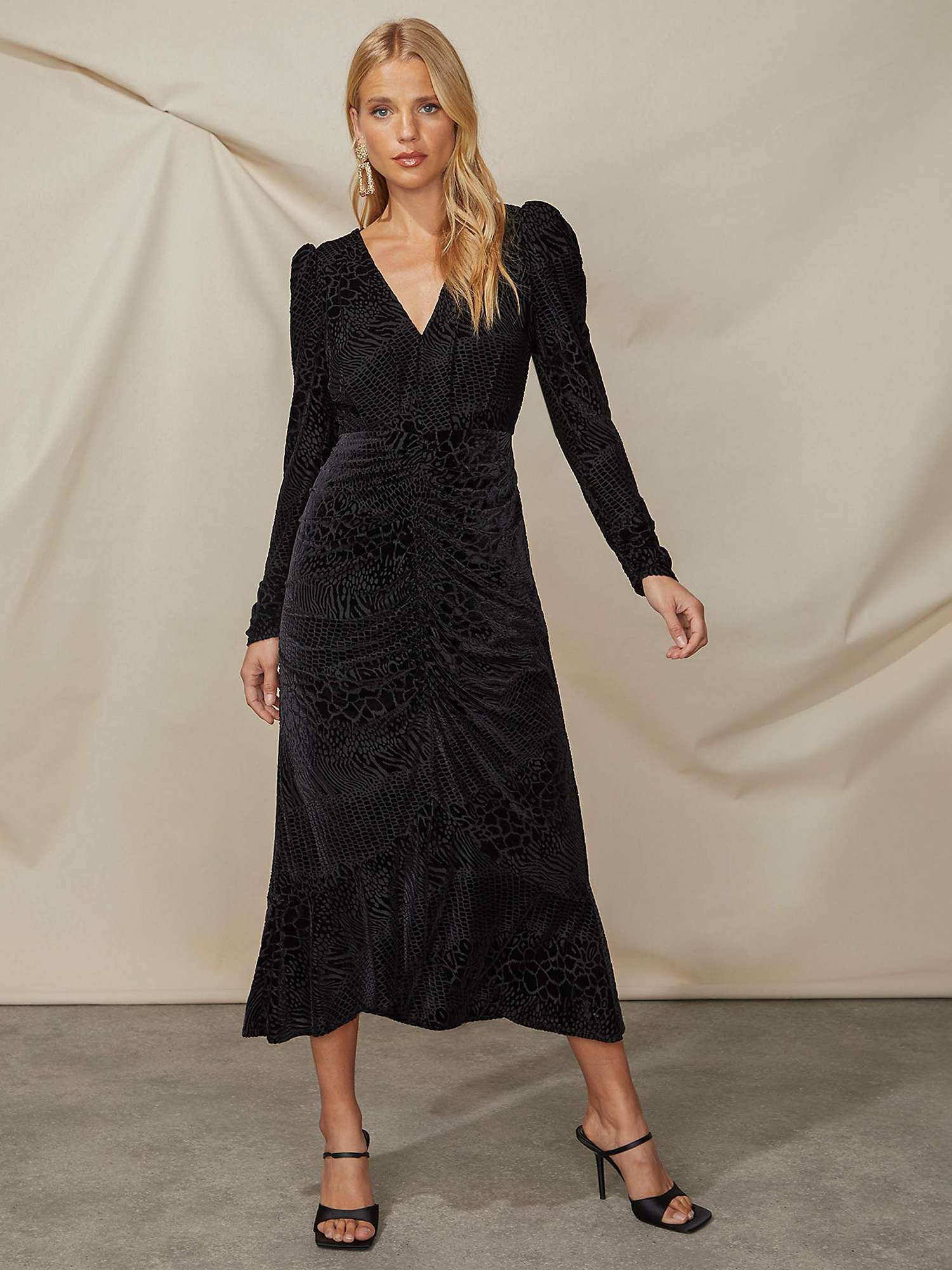 Buy Ro&Zo Animal Burnout Ruched Midi Dress, Black Online at johnlewis.com