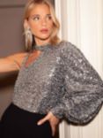 Ro&Zo Pewter Sequin One Shoulder Top, Grey, Grey