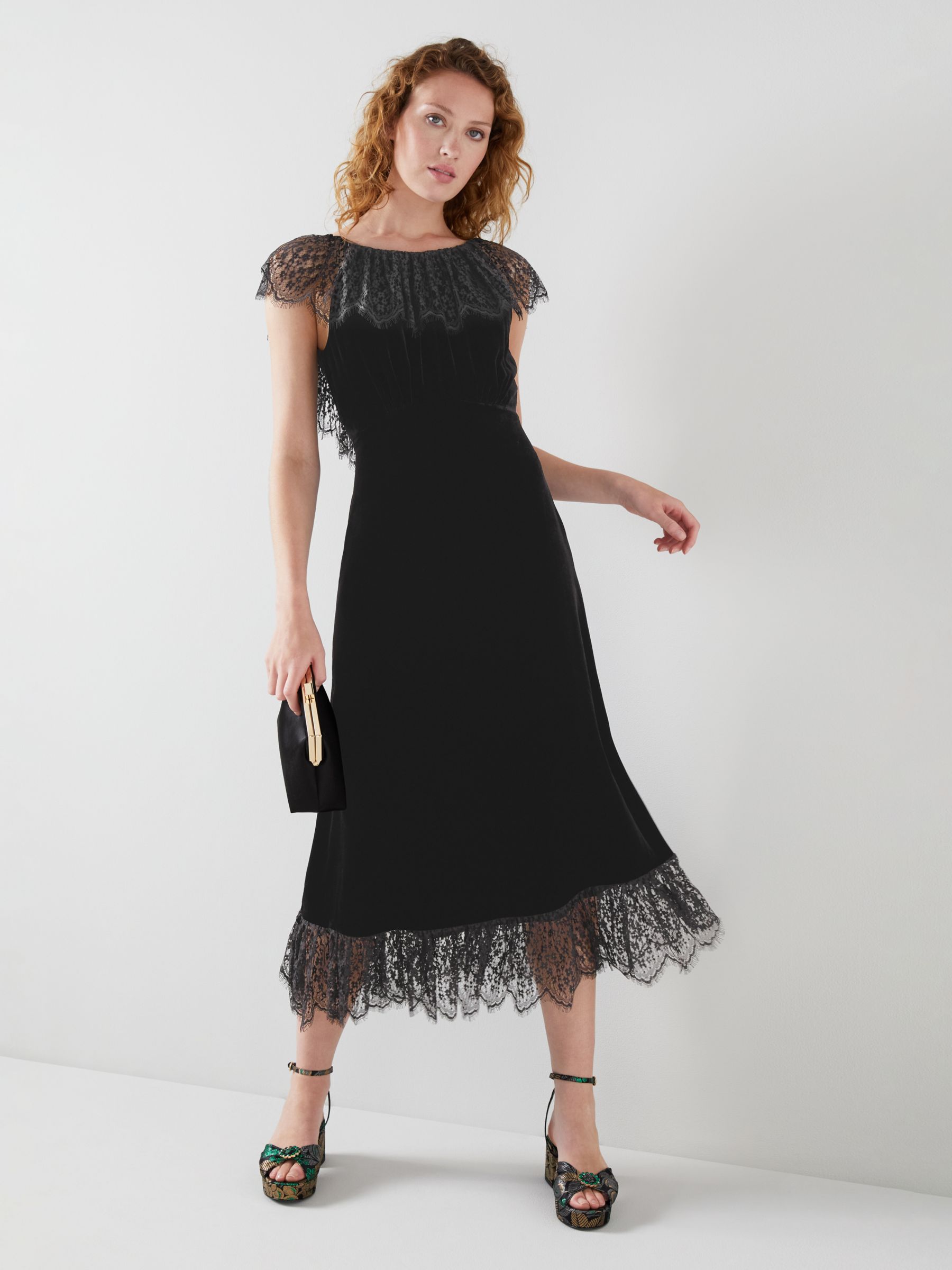 L.K.Bennett Anouk Lace Trim Velvet Silk Blend Midi Dress, Black