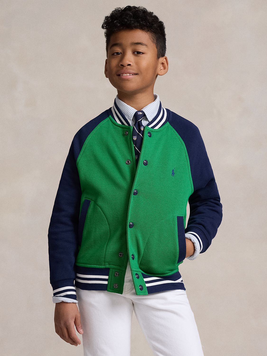 Ralph Lauren Kids' Colour Block Fleece Bomber Jacket, Preppy Green, 3 years