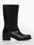 Mango Crac Leather Mid Calf Boots, Black