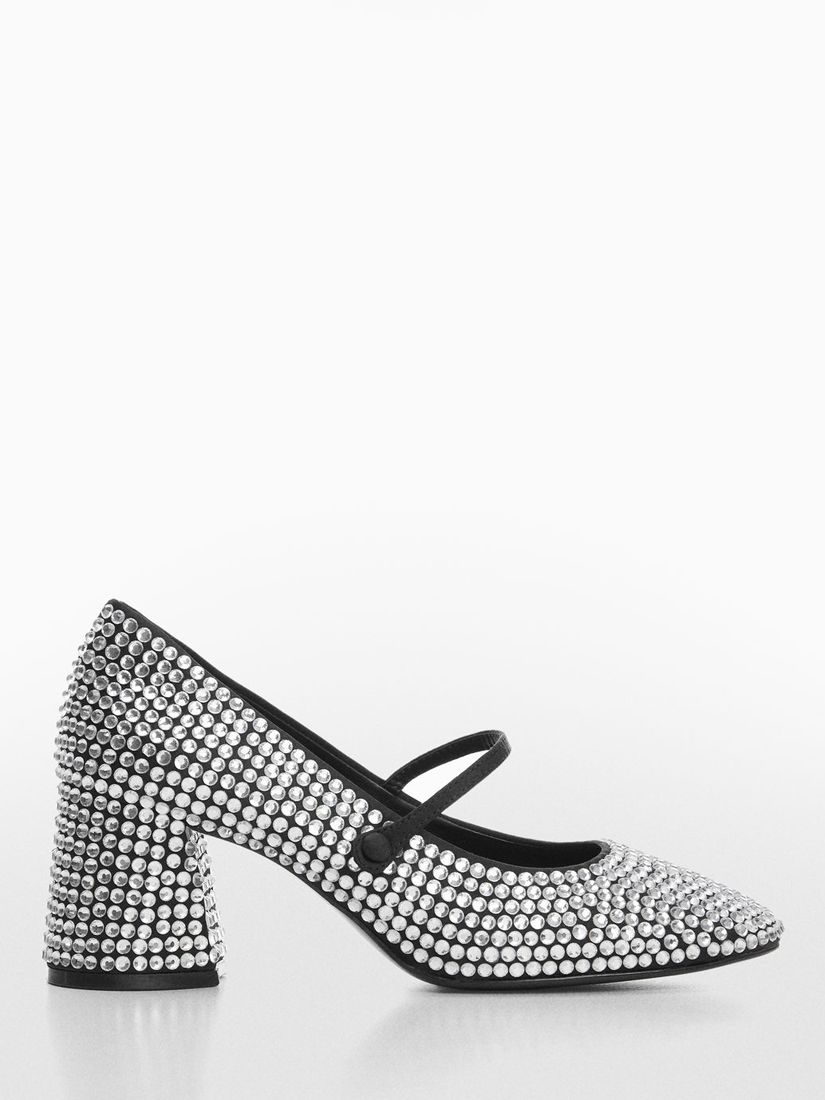 Mango Sofi Rhinestone Block Heel Shoes, Silver at John Lewis & Partners