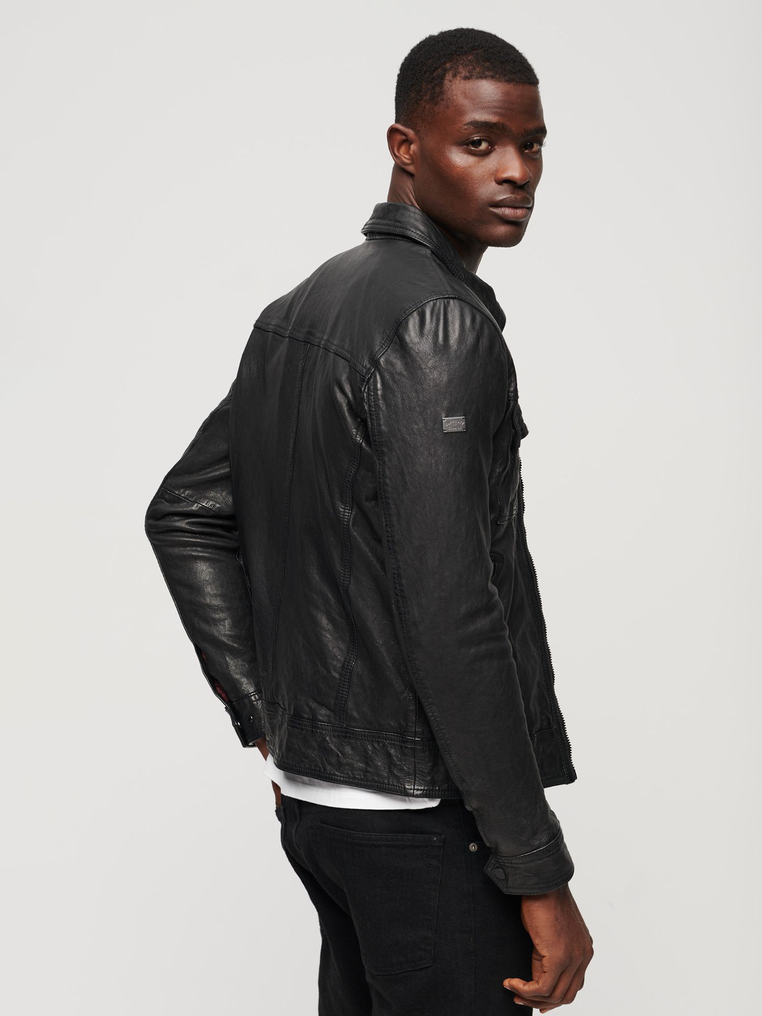 Superdry Seventies Leather Jacket, Black at John Lewis & Partners