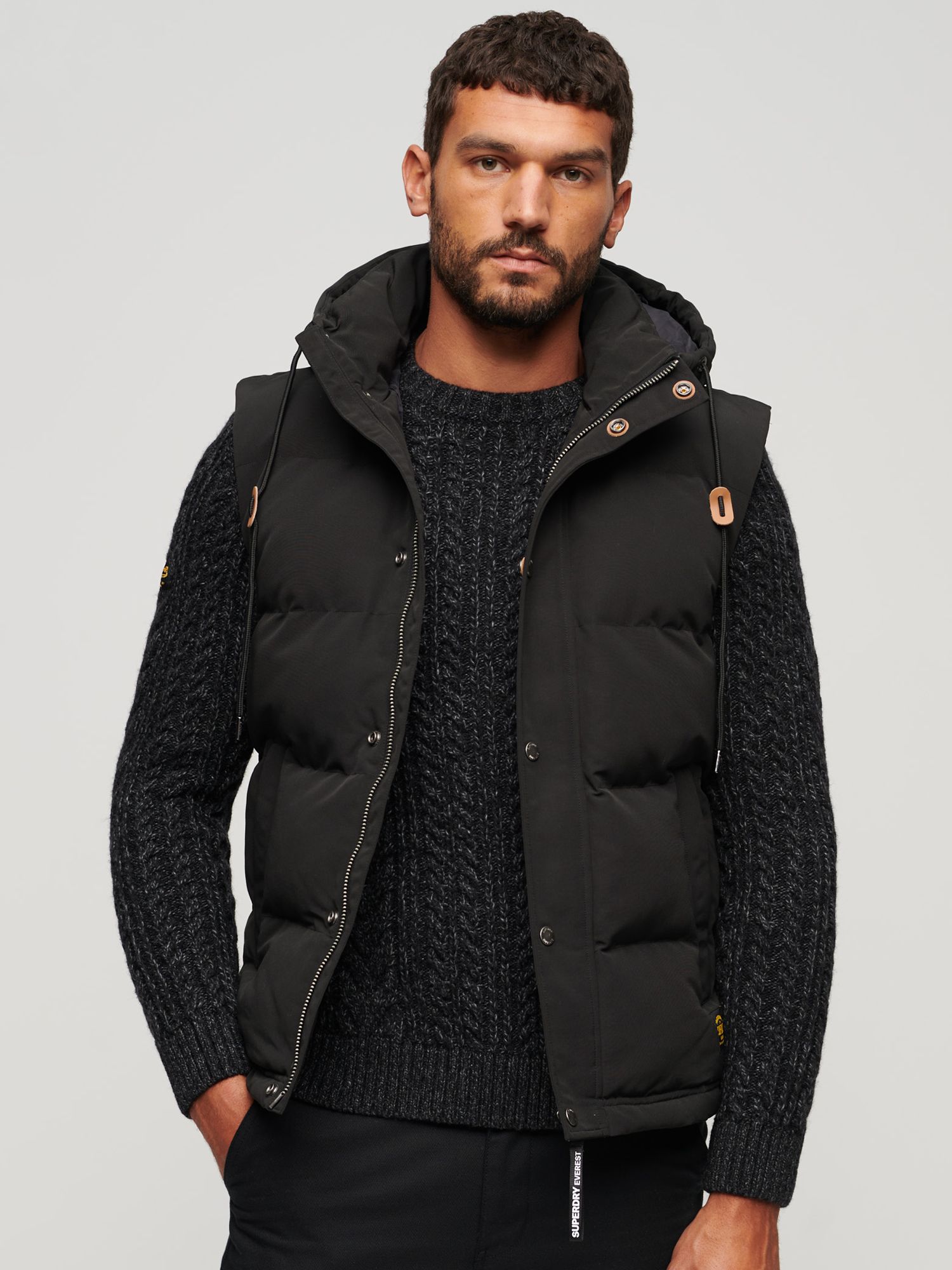 Superdry Hooded Everest Puffer Gilet, Jet Black at John Lewis & Partners