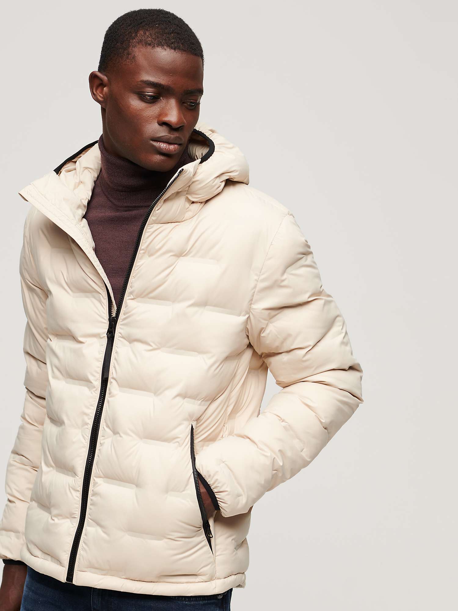 Superdry Short Quilted Puffer Jacket, Cement Beige at John Lewis & Partners