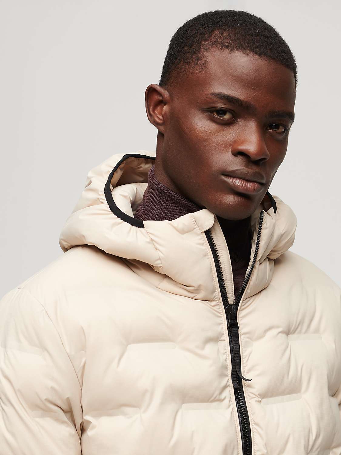 Superdry Short Quilted Puffer Jacket, Cement Beige at John Lewis & Partners