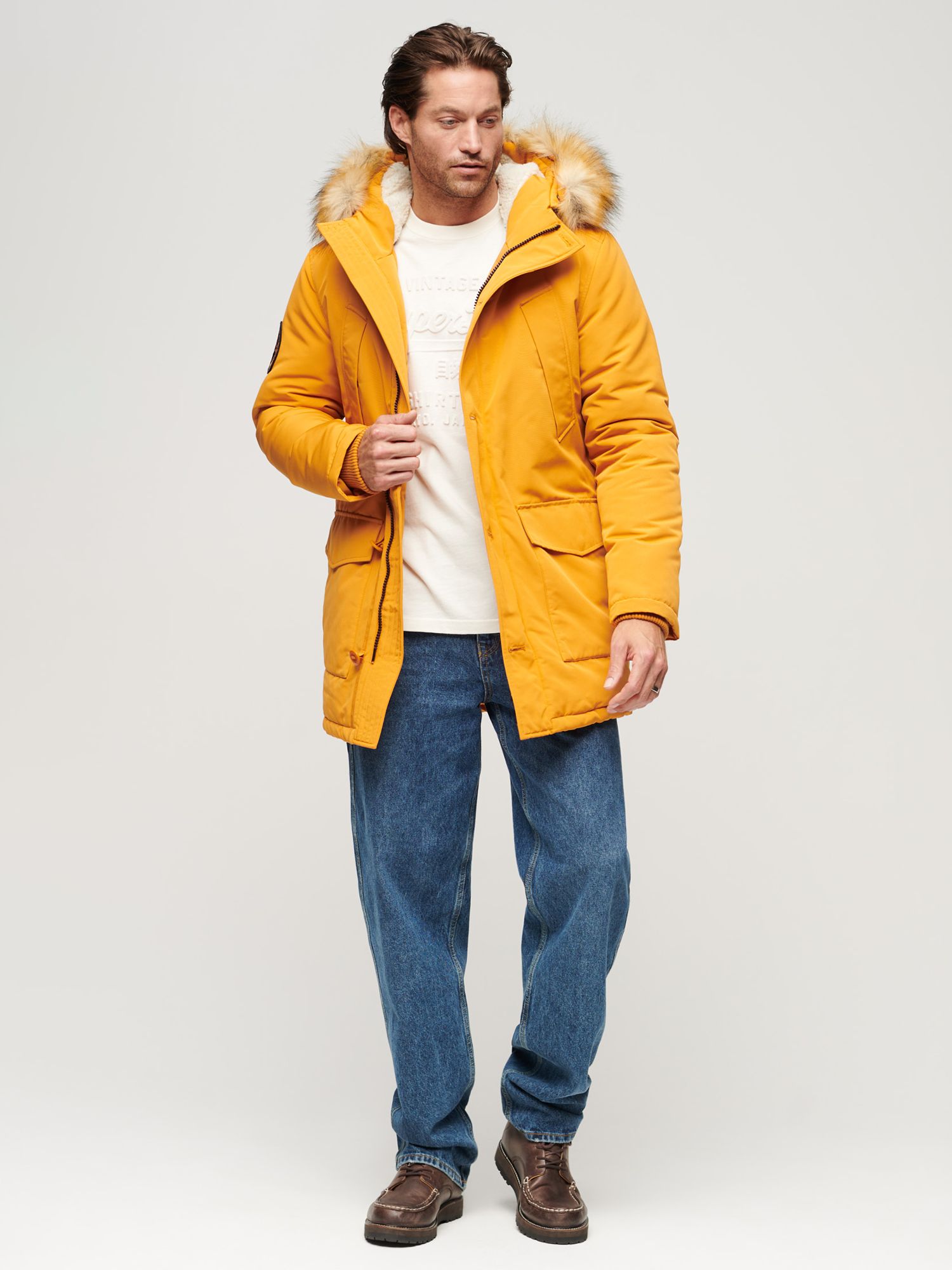 Superdry Everest Faux Fur Hooded Parka Coat, Mustard Yellow, XL