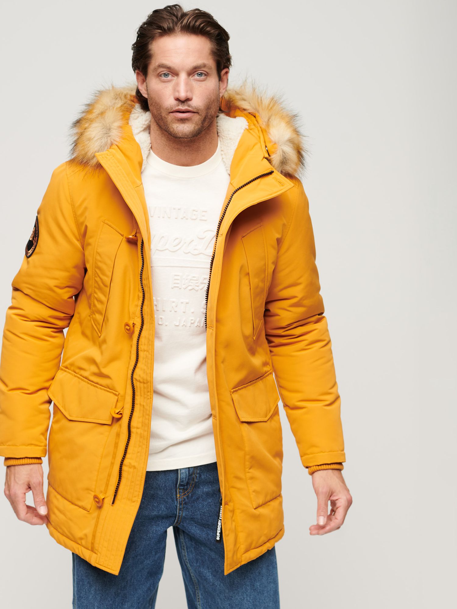 Superdry Everest Faux Fur Hooded Parka Coat, Mustard Yellow, XL