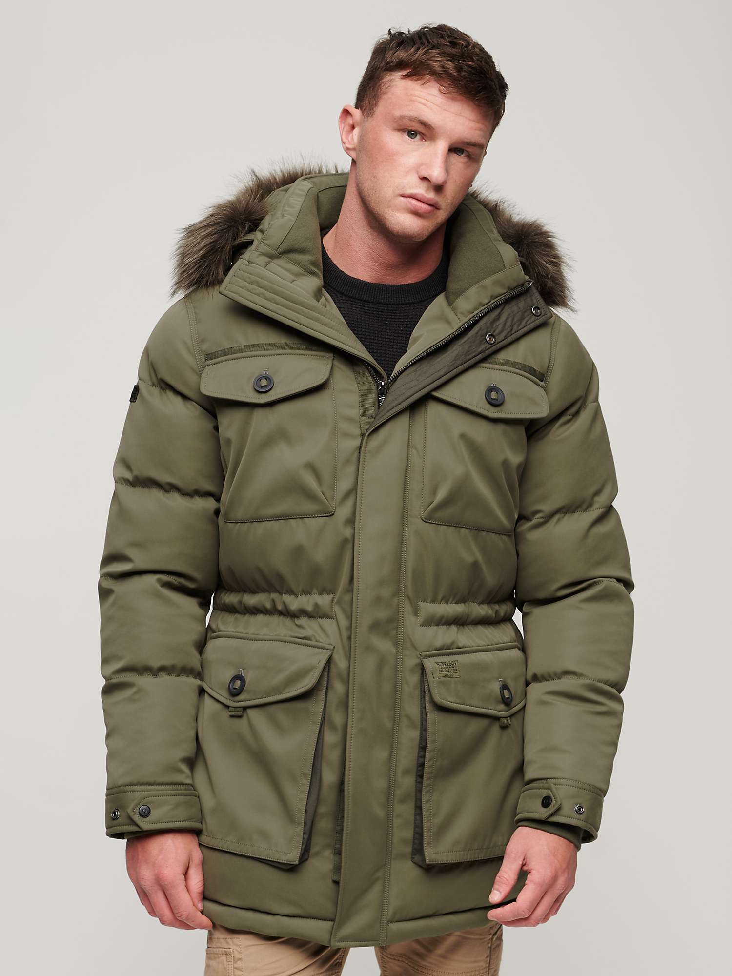 Superdry Chinook Faux Fur Parka Coat, Dusty Olive Green at John Lewis ...