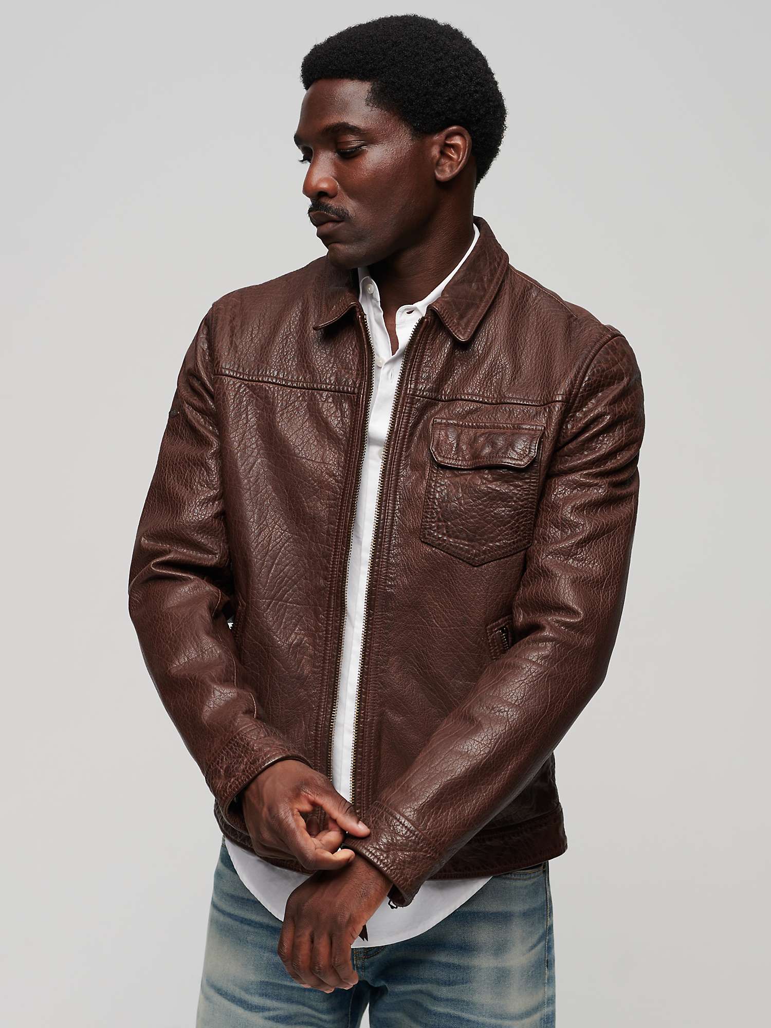 Superdry Classic Leather Jacket, Brown at John Lewis & Partners