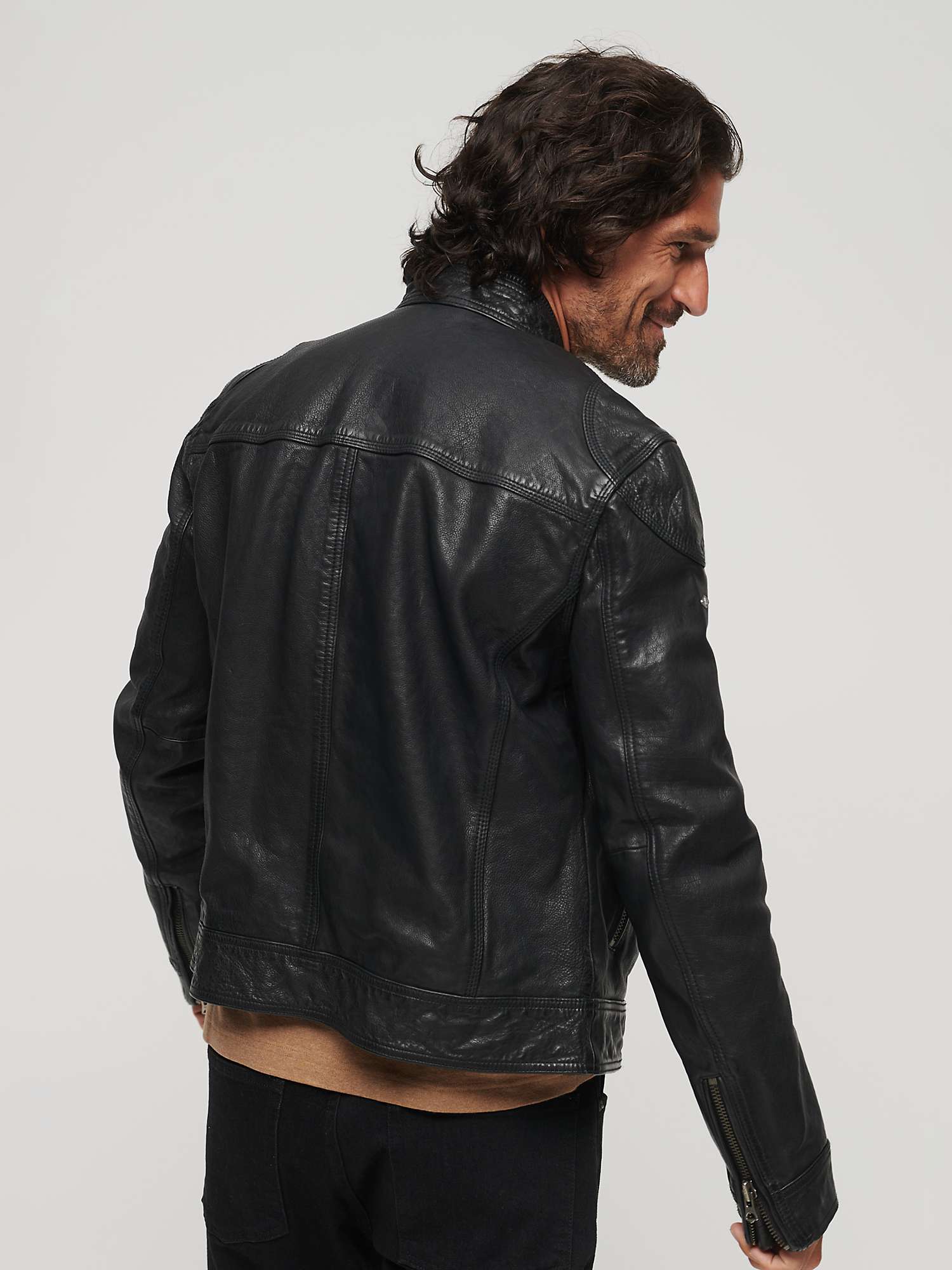 Buy Superdry Leather Racer Jacket, Cow Indie Black Online at johnlewis.com