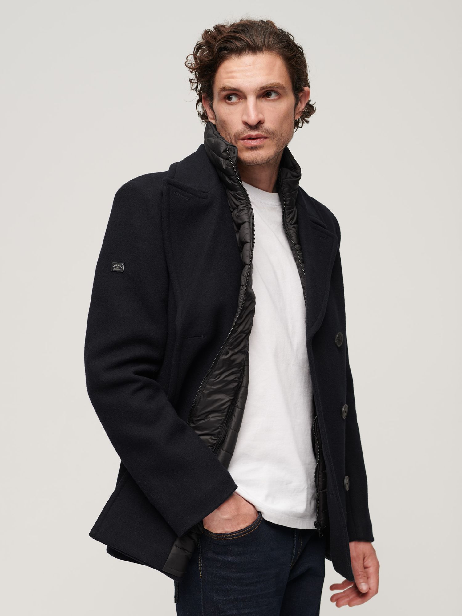 Superdry 2 In 1 Wool Blend Pea Coat, Eclipse Navy at John Lewis & Partners