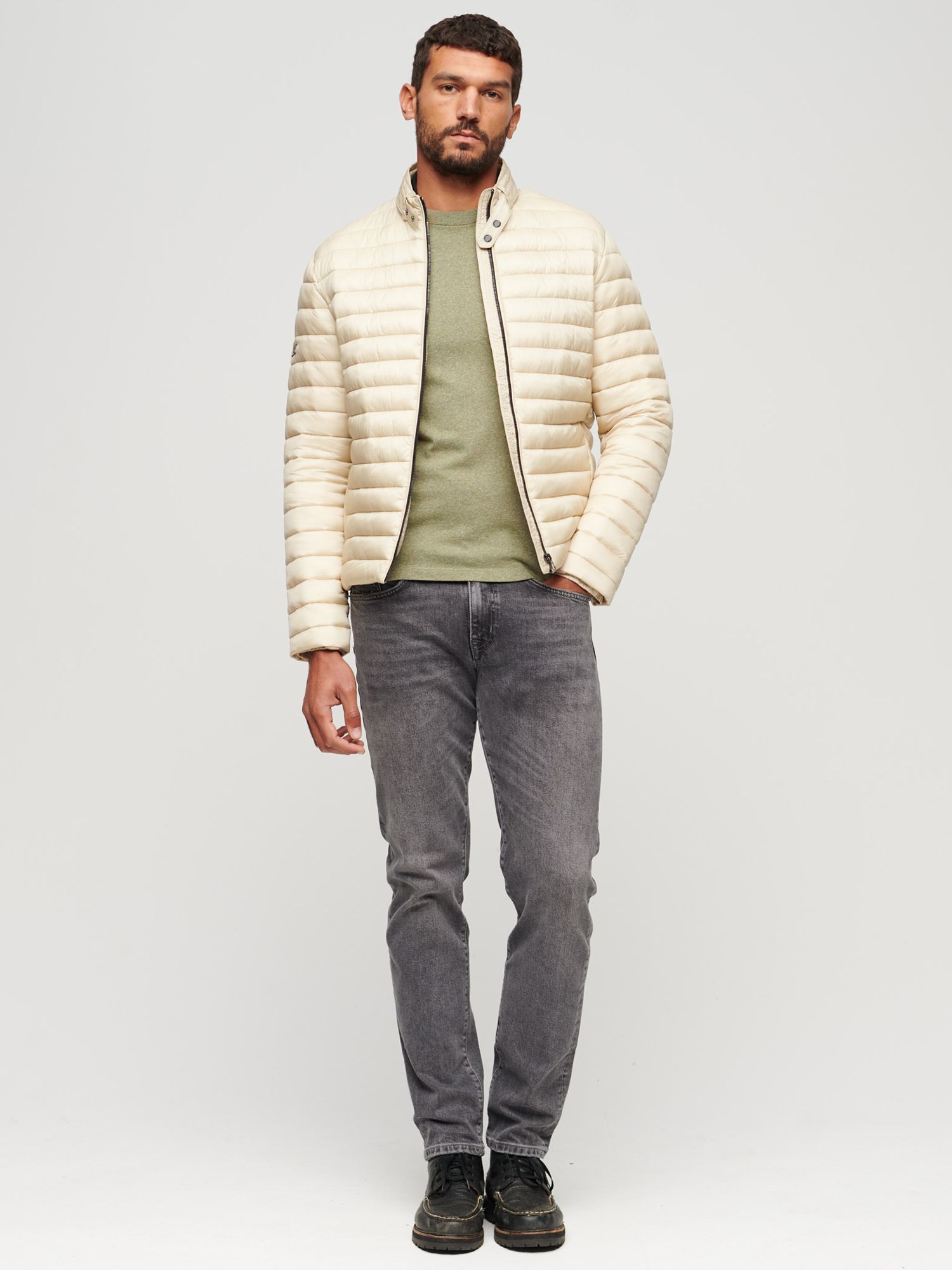 Superdry Short Lightweight Puffer Coat, Pelican Beige at John Lewis ...