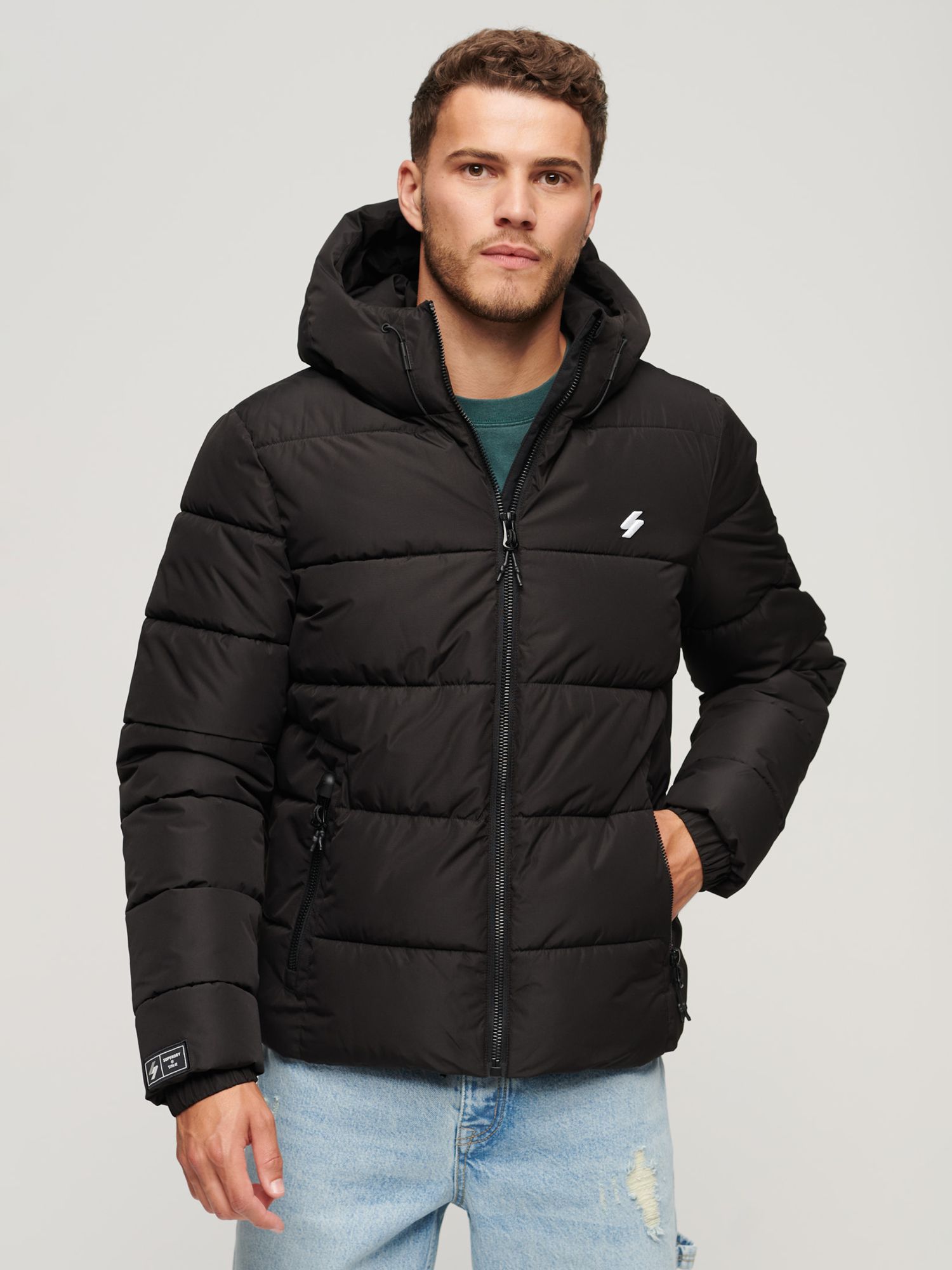 Superdry Hooded Sports Puffer Jacket, Black at John Lewis & Partners