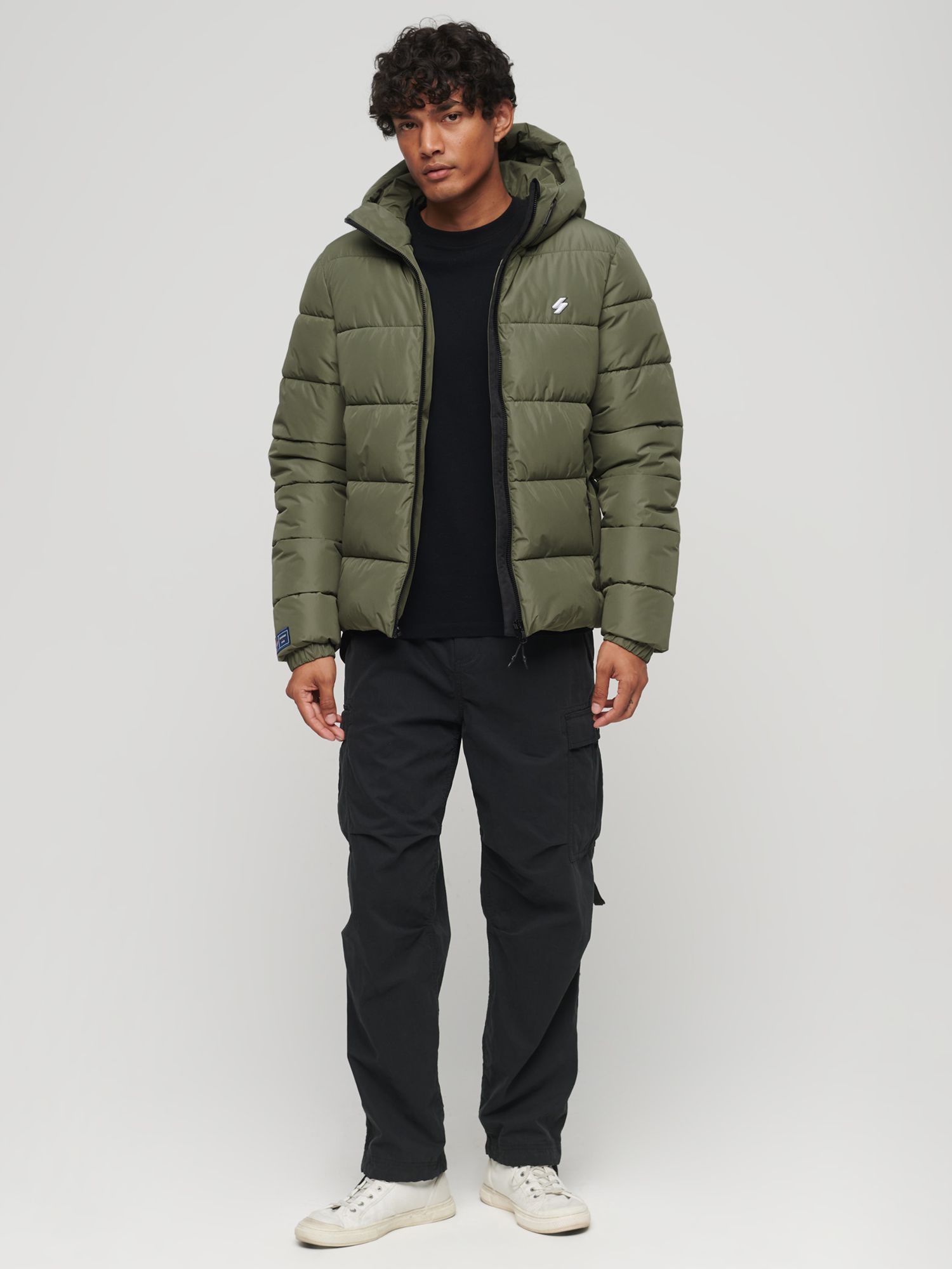 Superdry Hooded Sports Puffer Jacket, Dusty Olive Green at John Lewis ...