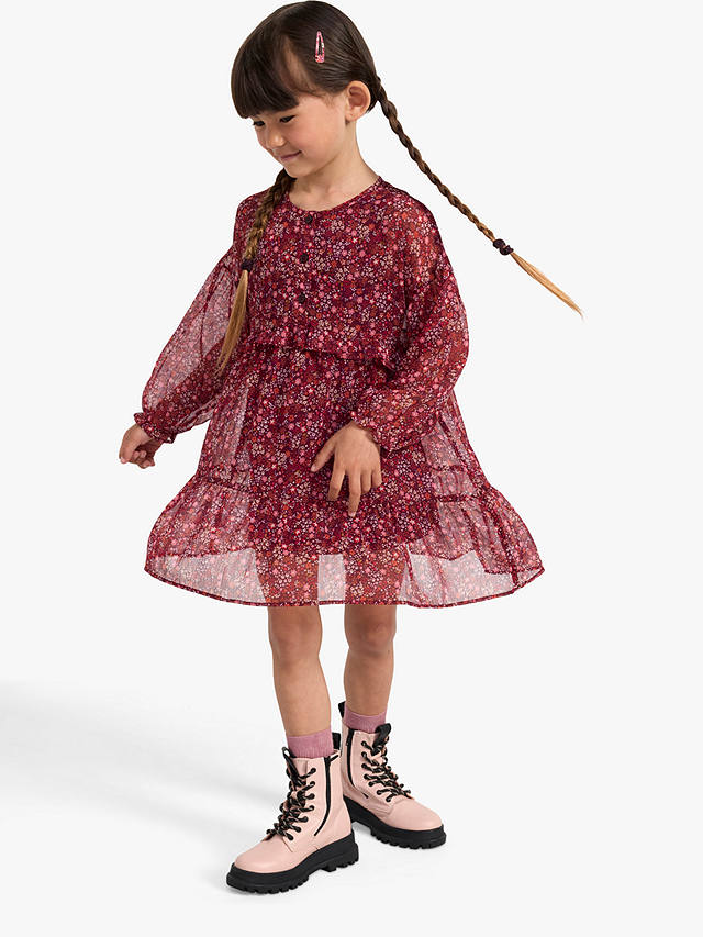 Lindex Kids' Floral Chiffon Long Sleeve Tiered Dress, Lilac