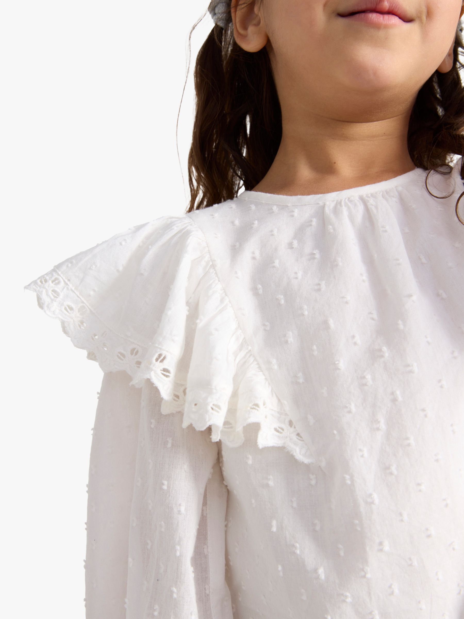 Lindex Kids' Swissdot Flounce Organic Cotton Blouse, White, 2 years