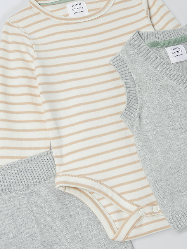 John Lewis Baby Bodysuit, Knitted Trousers & Vest Cardigan Set, Grey/Multi