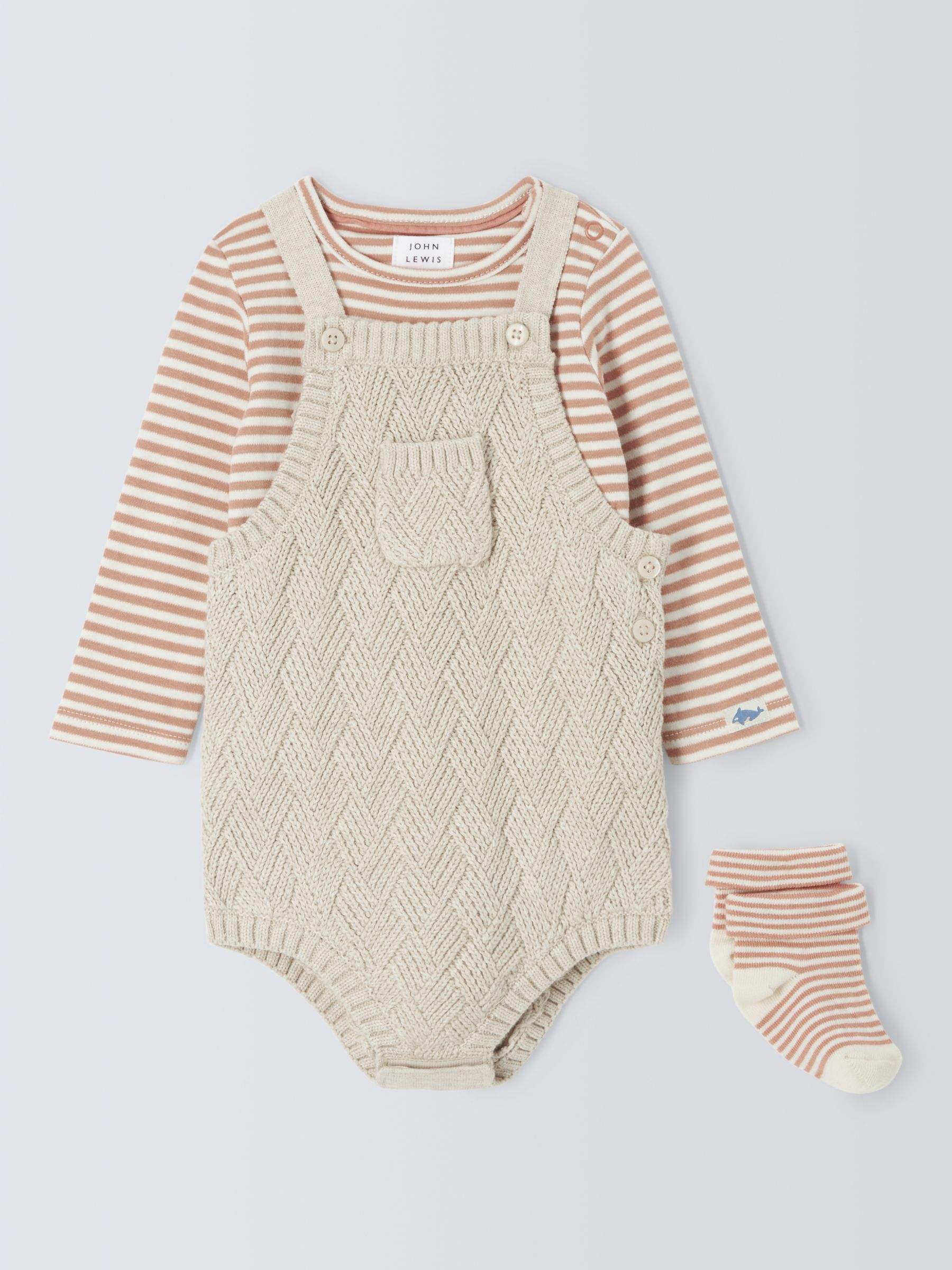 John Lewis Baby Knitted Dungaree Bodysuit, T-Shirt and Socks Set, Neutrals, 6-9 months