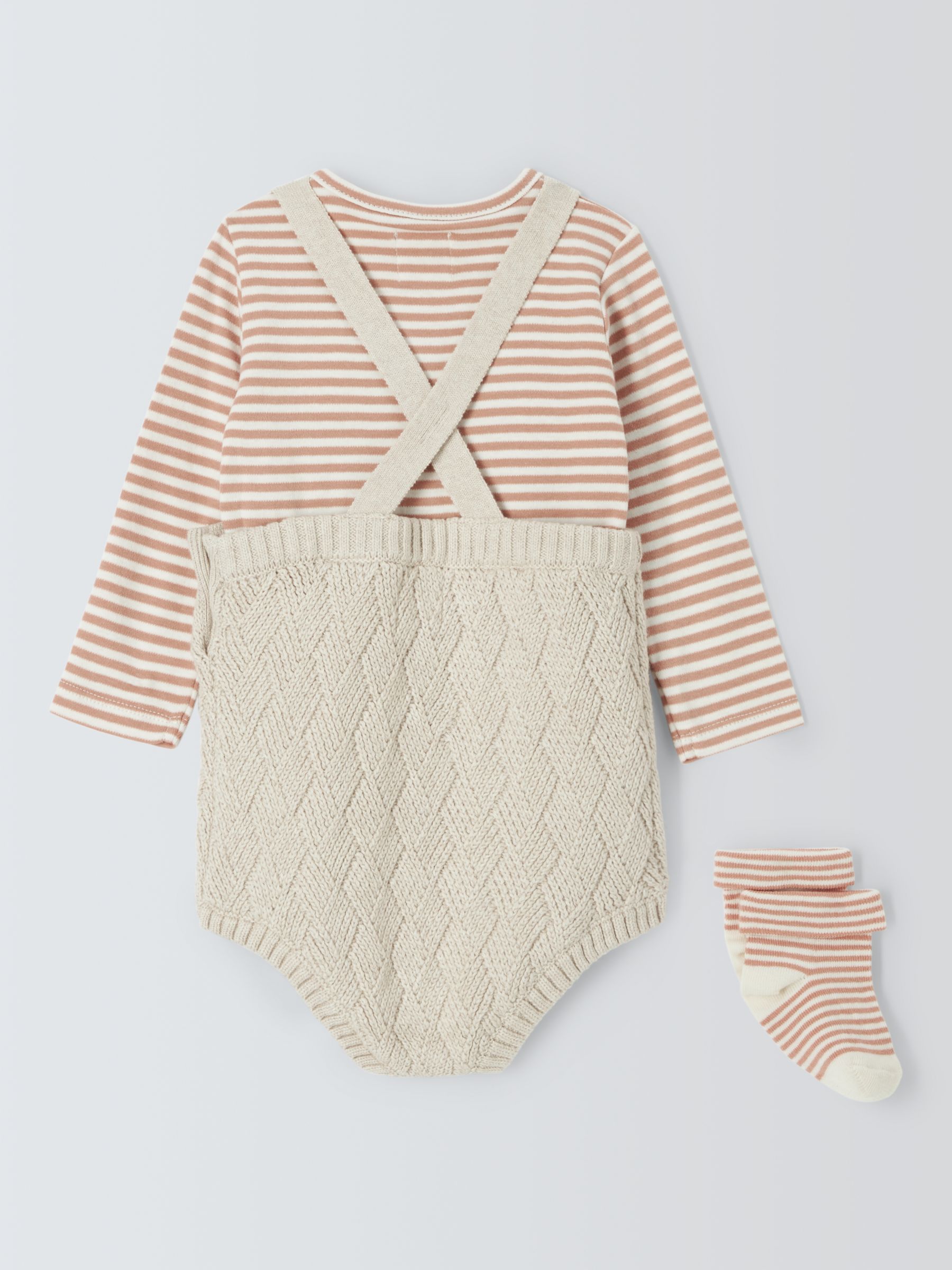 John Lewis Baby Knitted Dungaree Bodysuit, T-Shirt and Socks Set, Neutrals, 6-9 months
