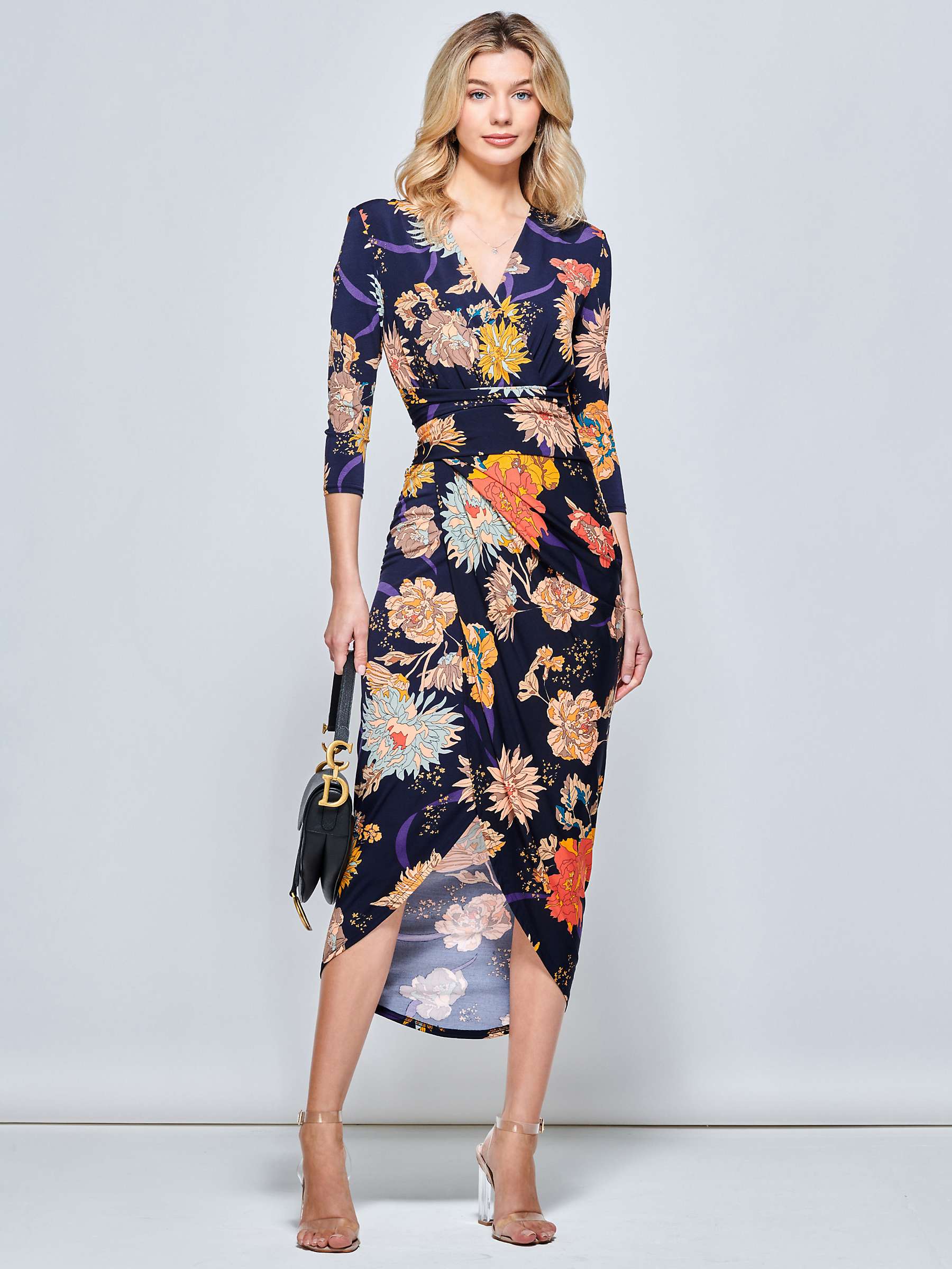 Buy Jolie Moi Long Sleeve Wrap Front Bodycon Dress, Navy/Multi Online at johnlewis.com