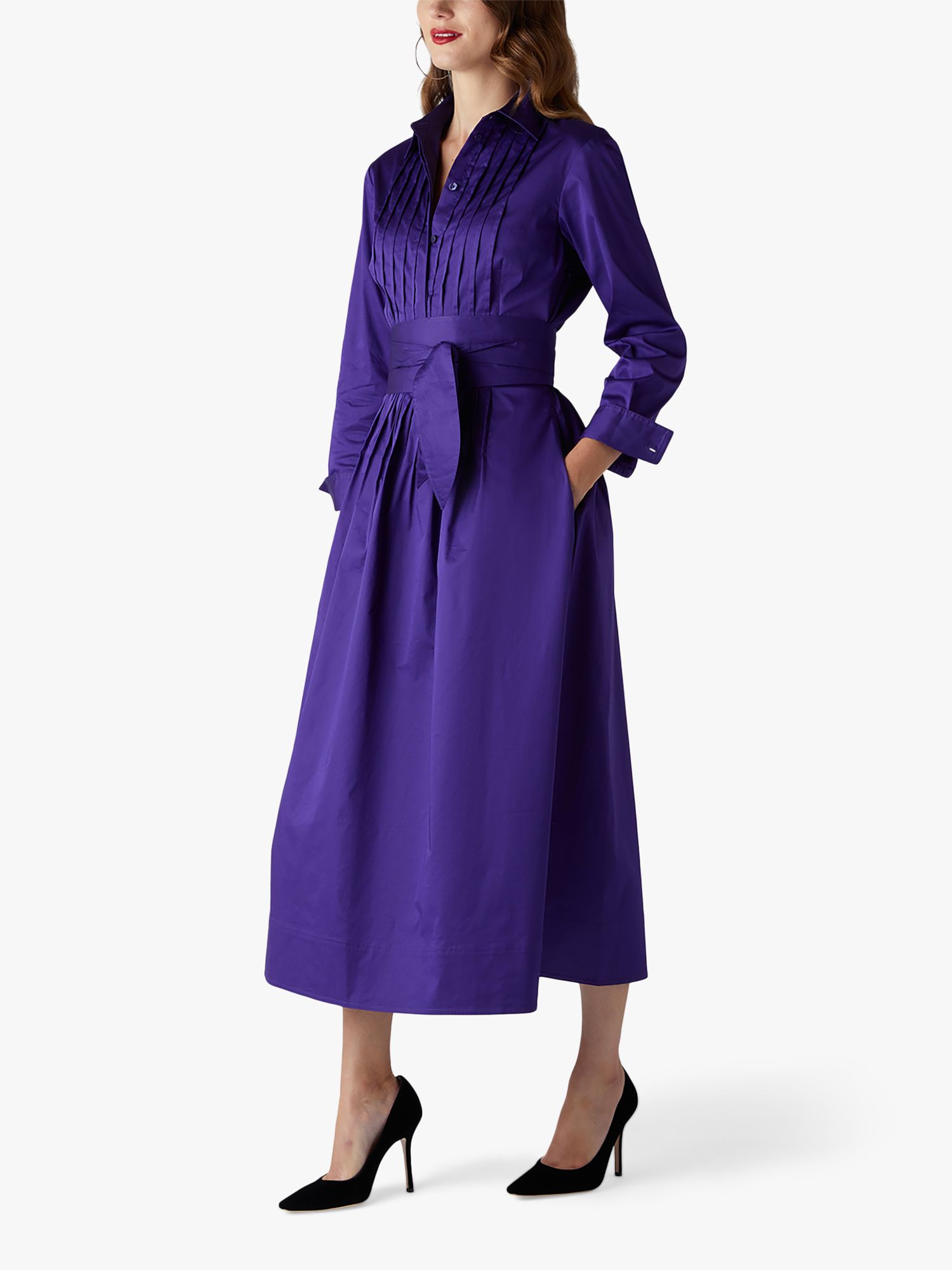 Jasper Conran London Emily Pintuck Full Skirt Midi Shirt Dress, Mid Purple, 8