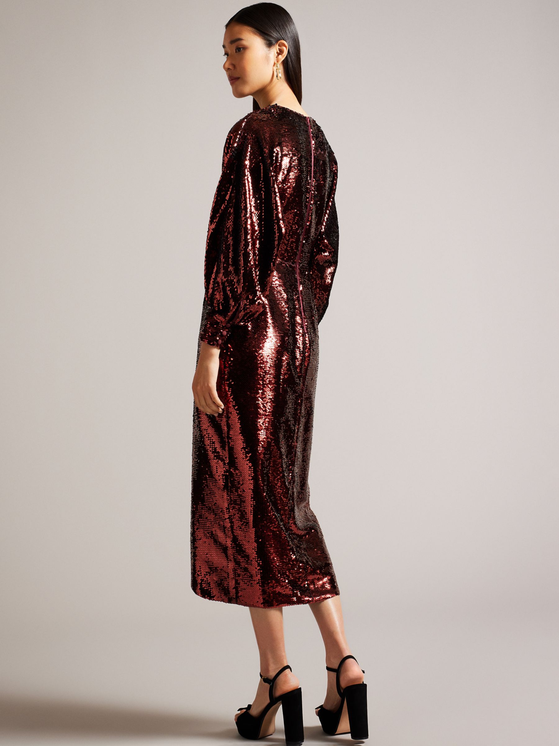 Buy Ted Baker Emaleee Plunge Neck Sequin Midi Dress, Dark Red Online at johnlewis.com