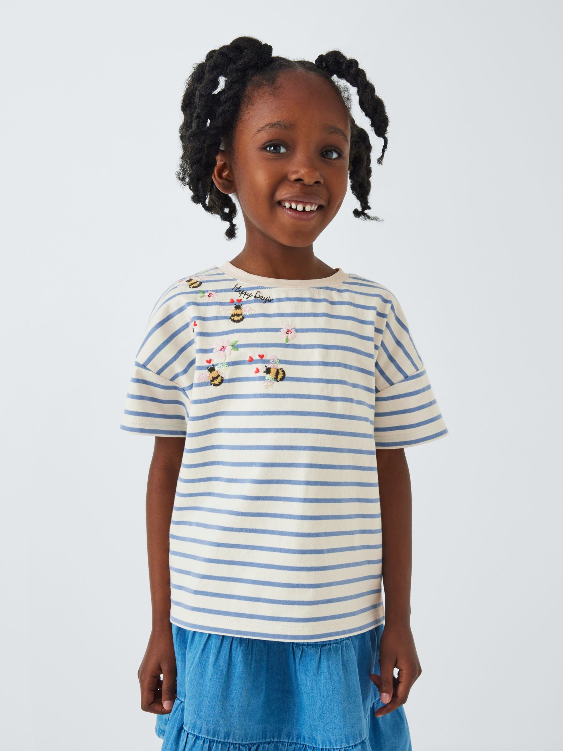John Lewis Kids' Bee Stripe T-Shirt, Blue Bonnet, 3 years