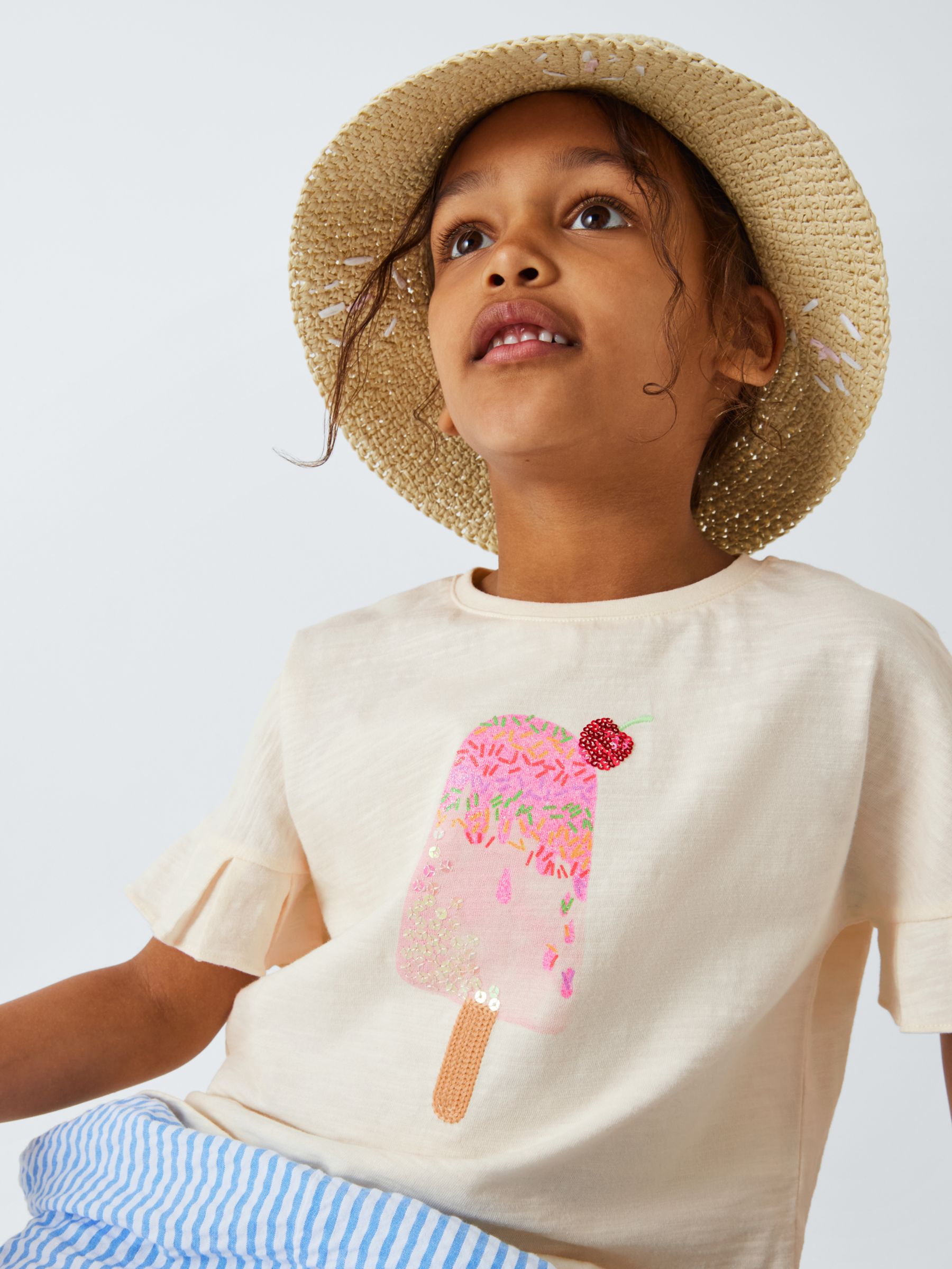 John Lewis Kids' Sequin Ice Lolly T-Shirt, Gardenia, 9 years