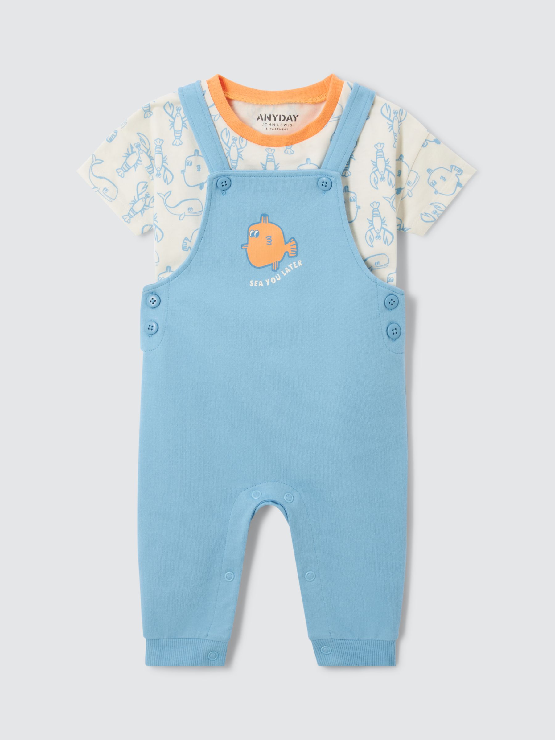 John Lewis ANYDAY Baby Fish Dungarees & T-Shirt Set, Blue, 9-12 months