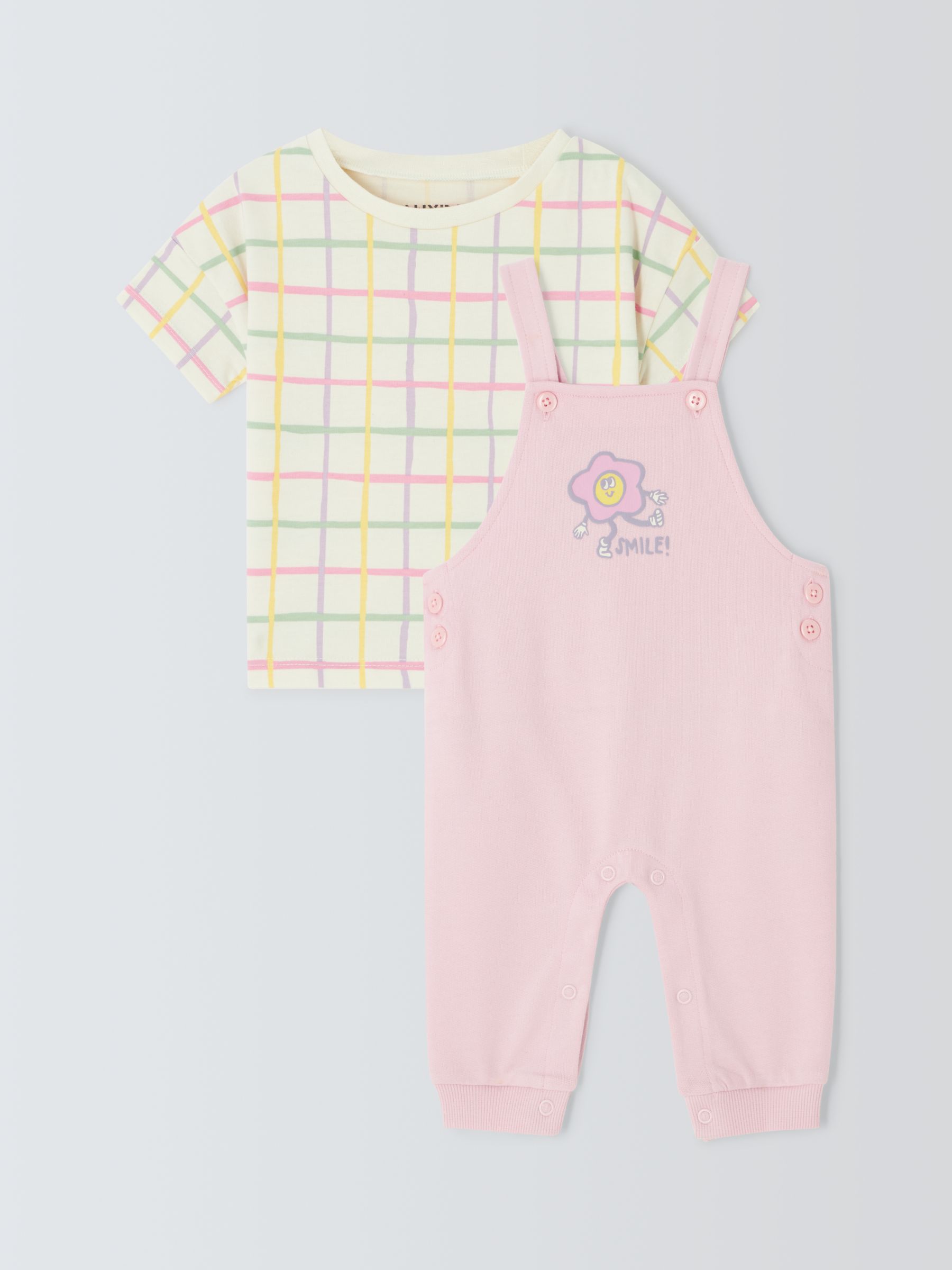 John Lewis ANYDAY Baby Smile Dungarees and T-Shirt Set, Pink/Multi, 3-6 months