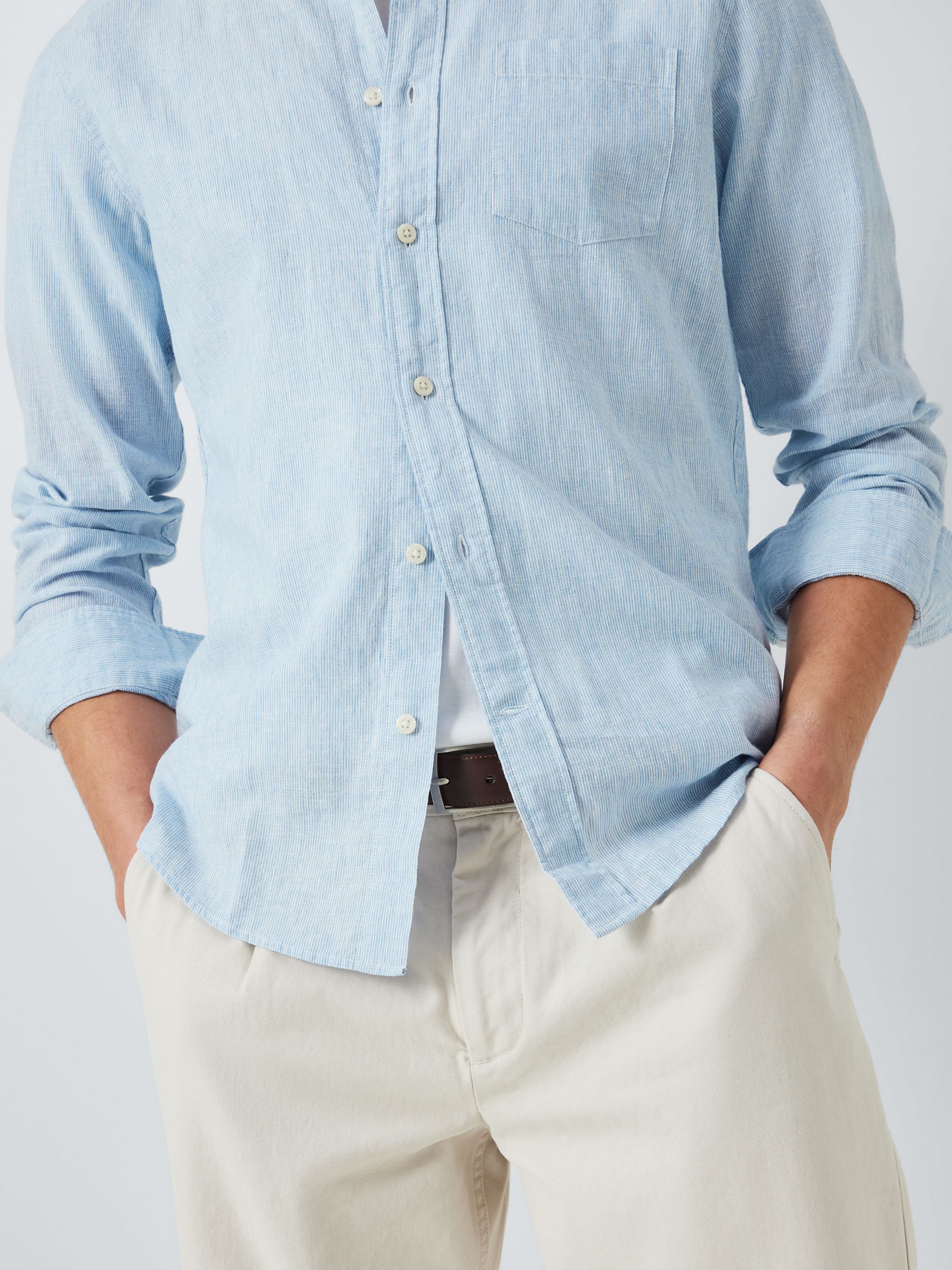John Lewis Linen Blend Grandad Collar Shirt, Blue at John Lewis & Partners