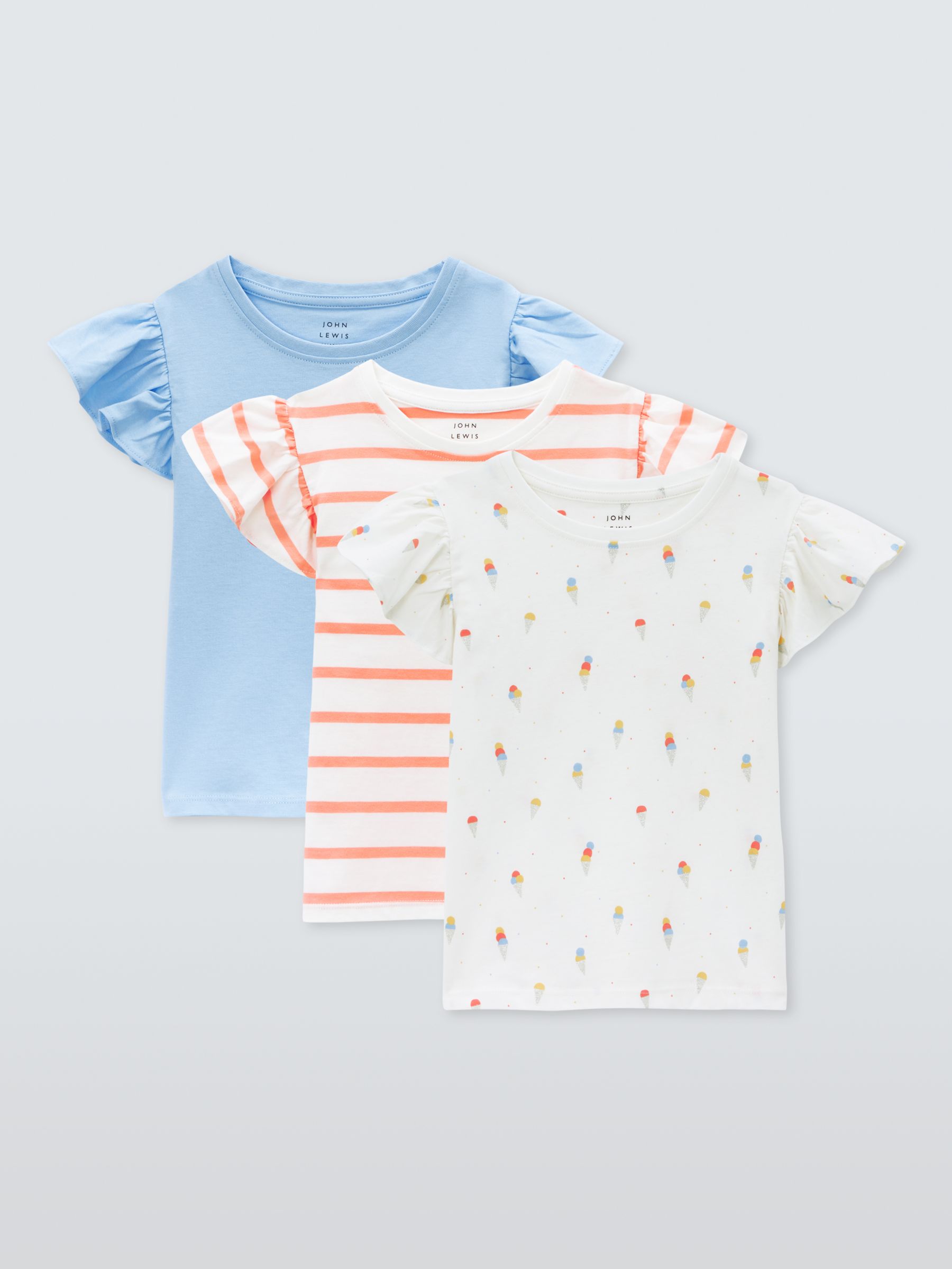 John Lewis Kids' Plain/Stripe/Ice Cream Frill Sleeve T-Shirts, Pack of 3, Multi, 7 years