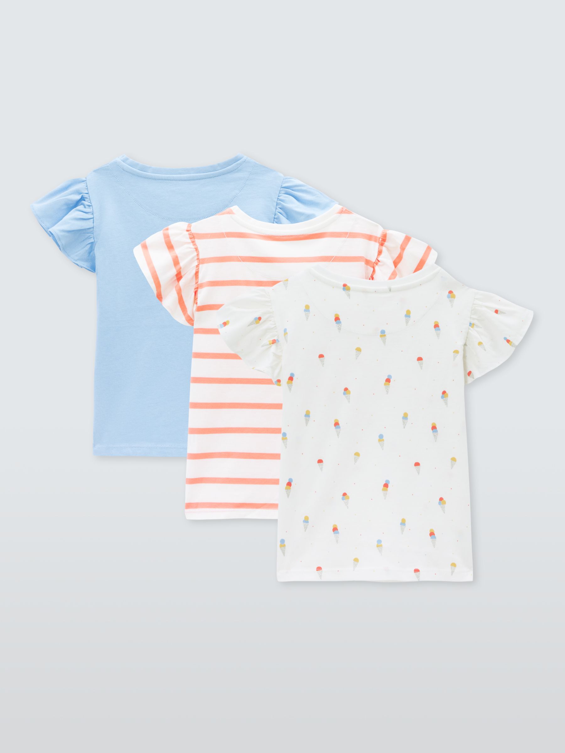 John Lewis Kids' Plain/Stripe/Ice Cream Frill Sleeve T-Shirts, Pack of 3, Multi, 7 years
