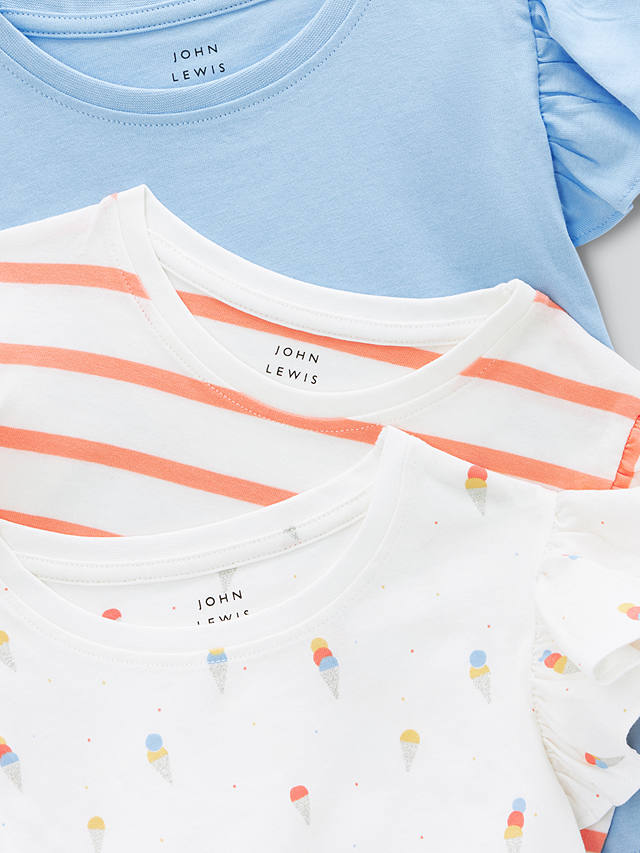 John Lewis Kids' Plain/Stripe/Ice Cream Frill Sleeve T-Shirts, Pack of 3, Multi