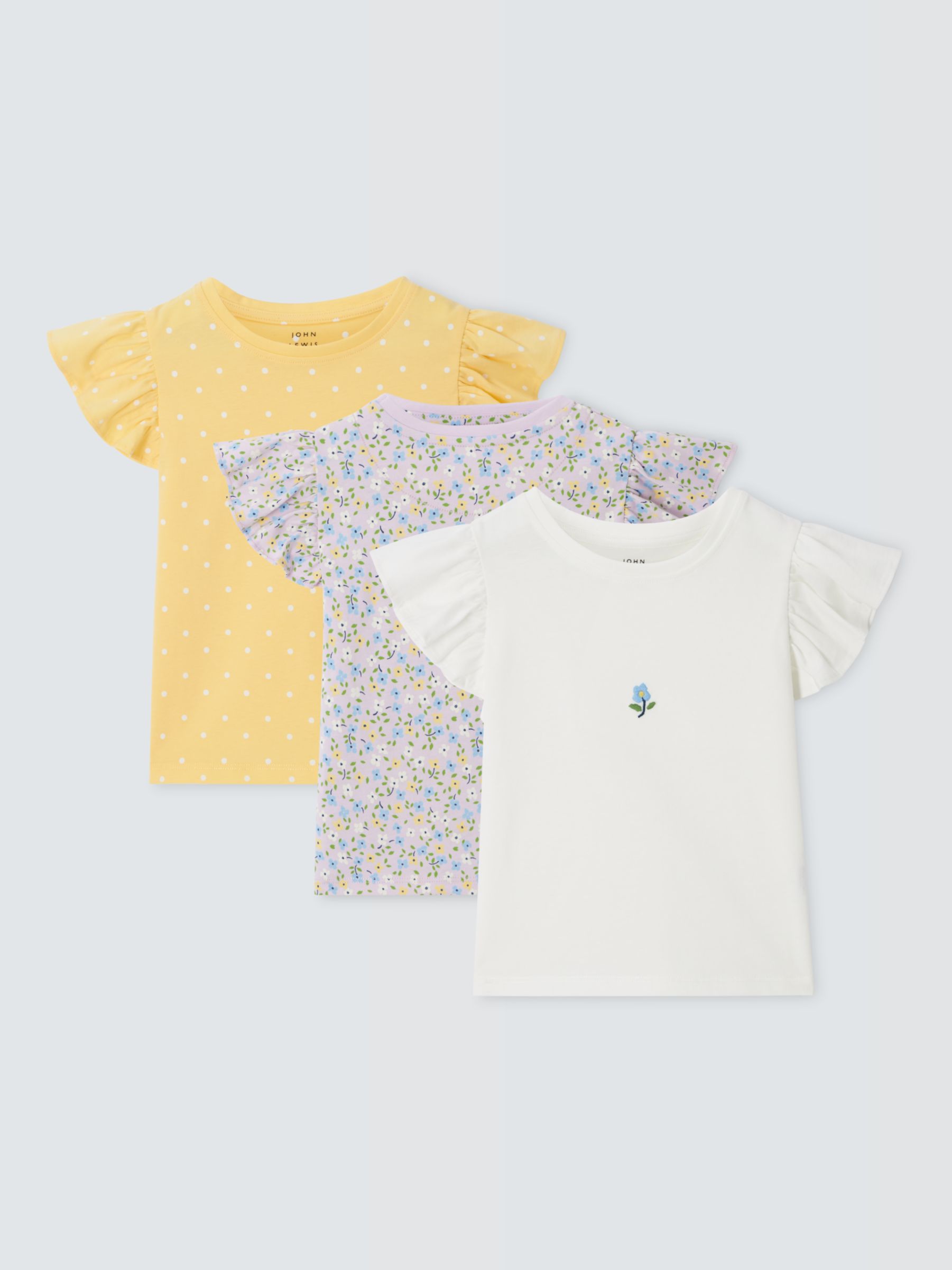 John Lewis Kids' Spot/Floral/Flower Frill Sleeve T-Shirts, Pack of 3, Multi, 7 years