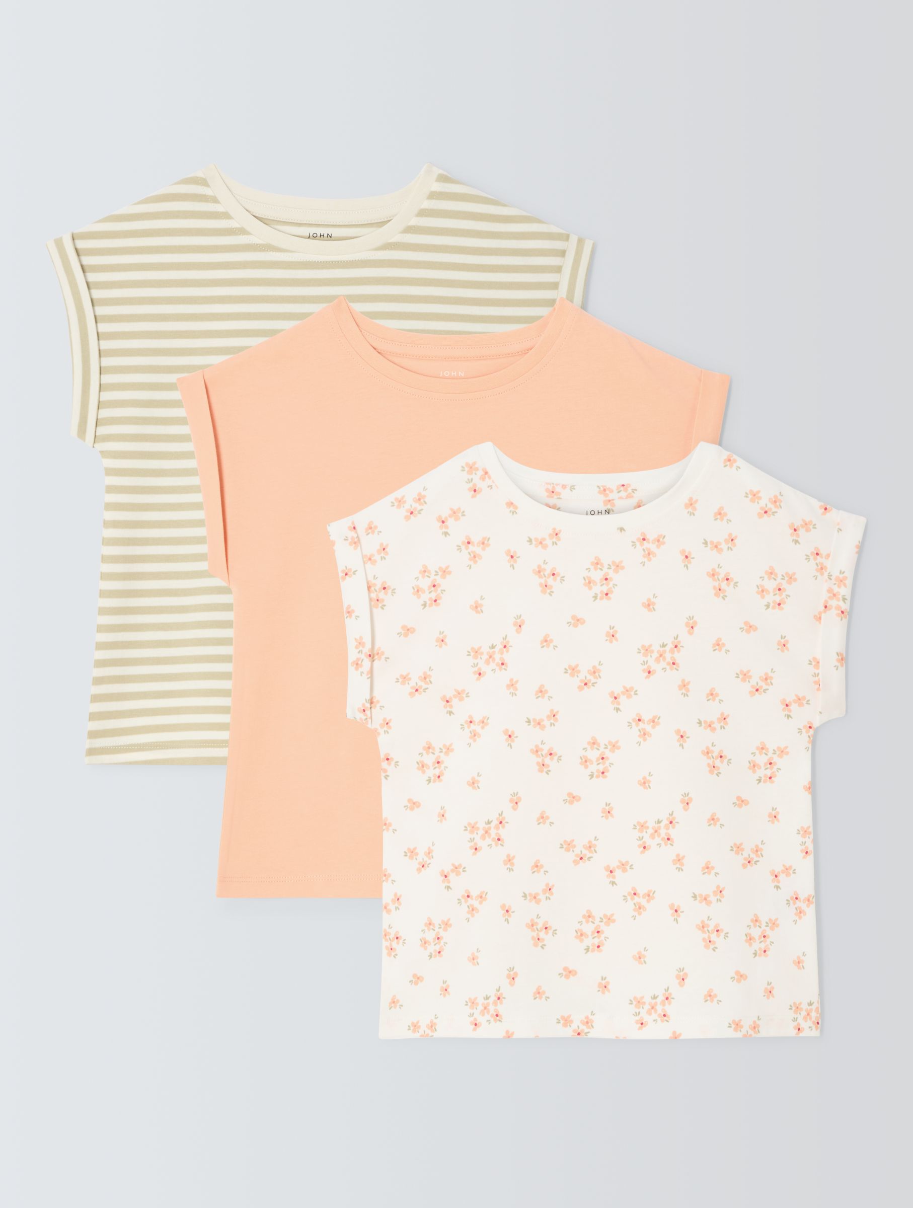 John Lewis Kids' Stripe/Plain/Floral T-Shirts, Pack of 3, Multi, 7 years