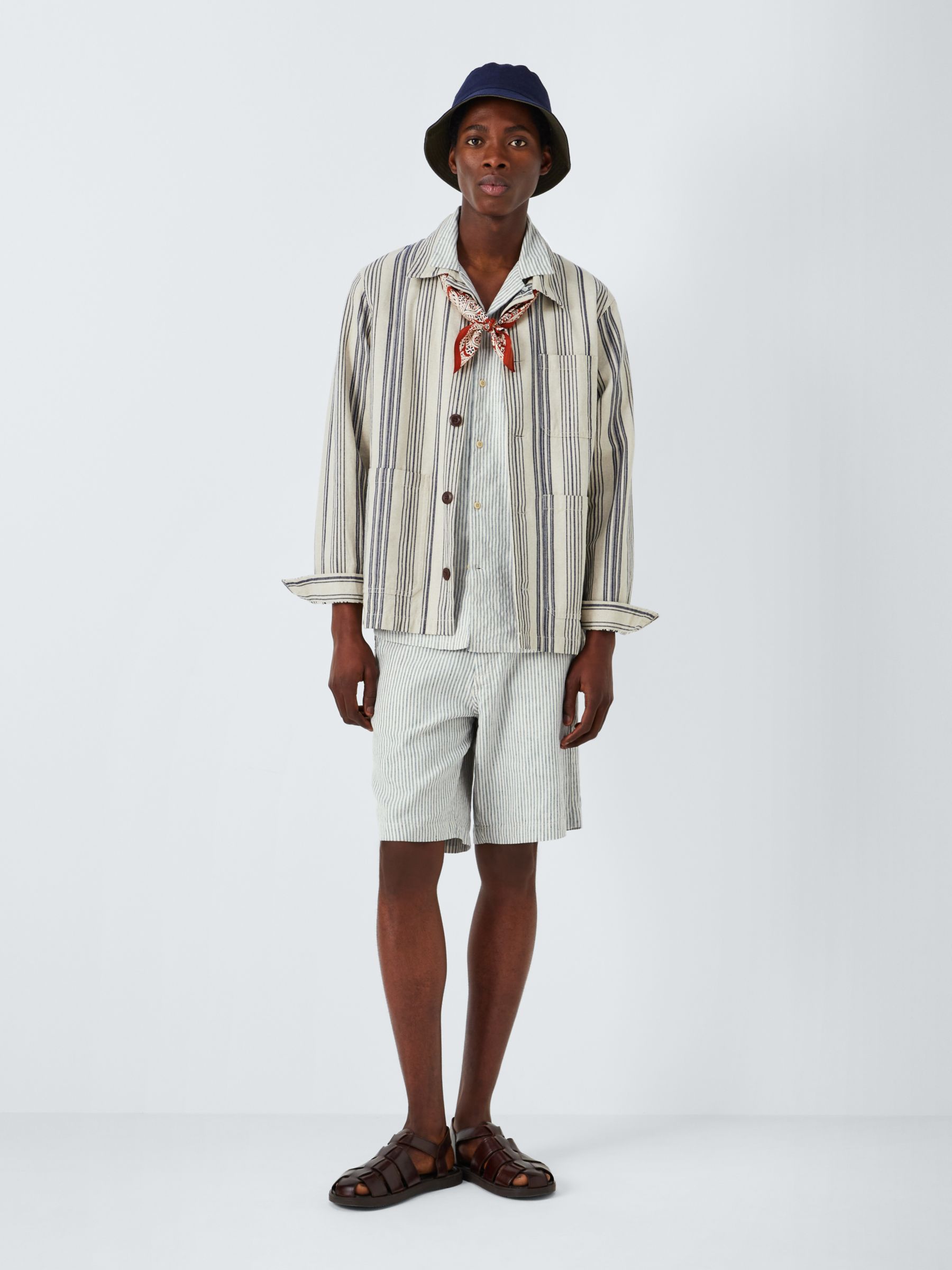 John Lewis Linen Blend Stripe Shorts, Navy/White, 40R