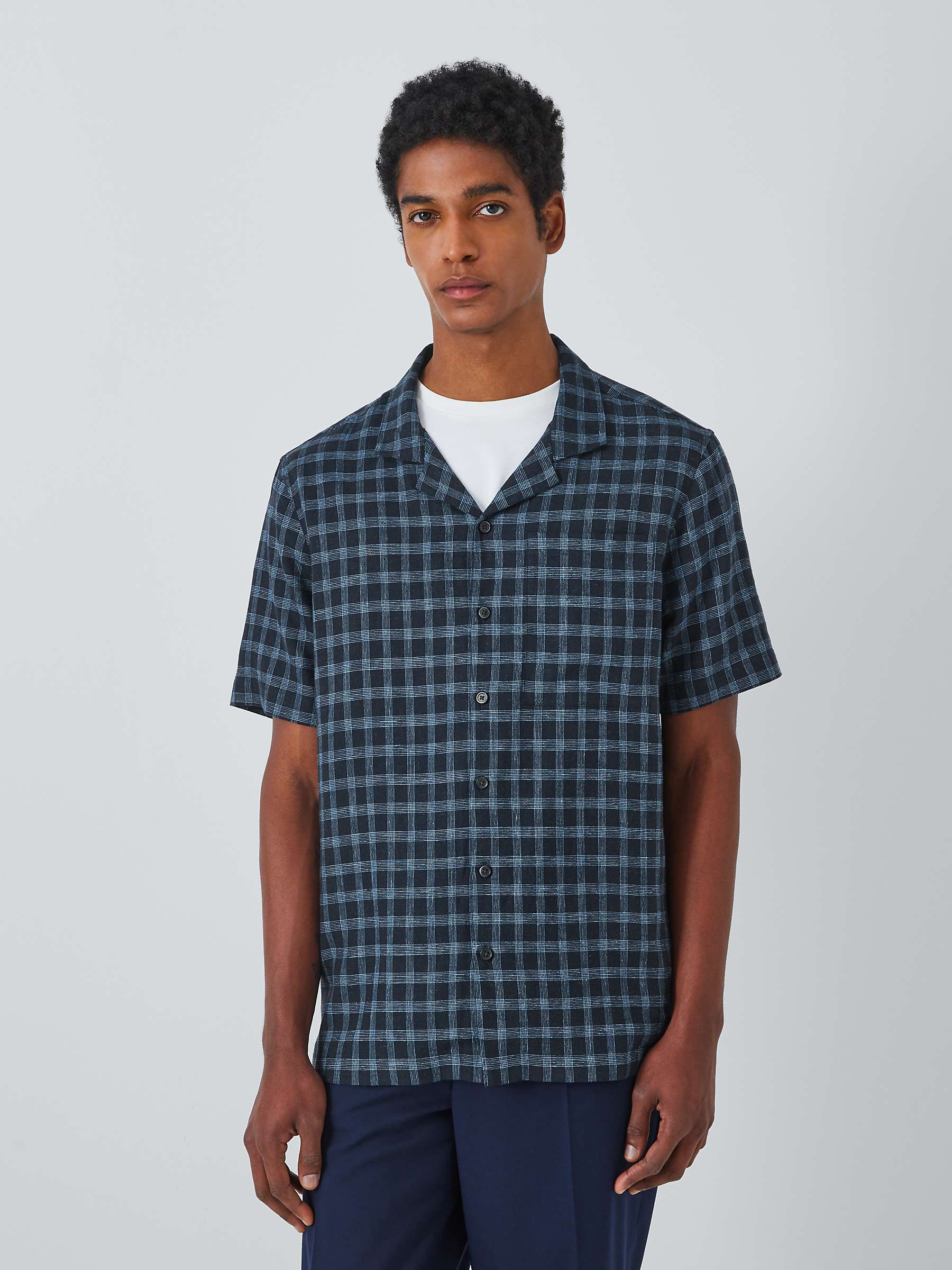 Buy Kin Linen Blend Short Sleeve Check Revere Collar Shirt, Navy Online at johnlewis.com