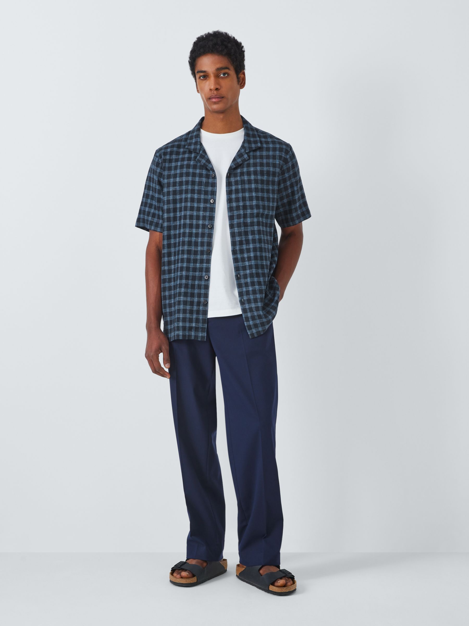 Kin Linen Blend Short Sleeve Check Revere Collar Shirt, Navy, M