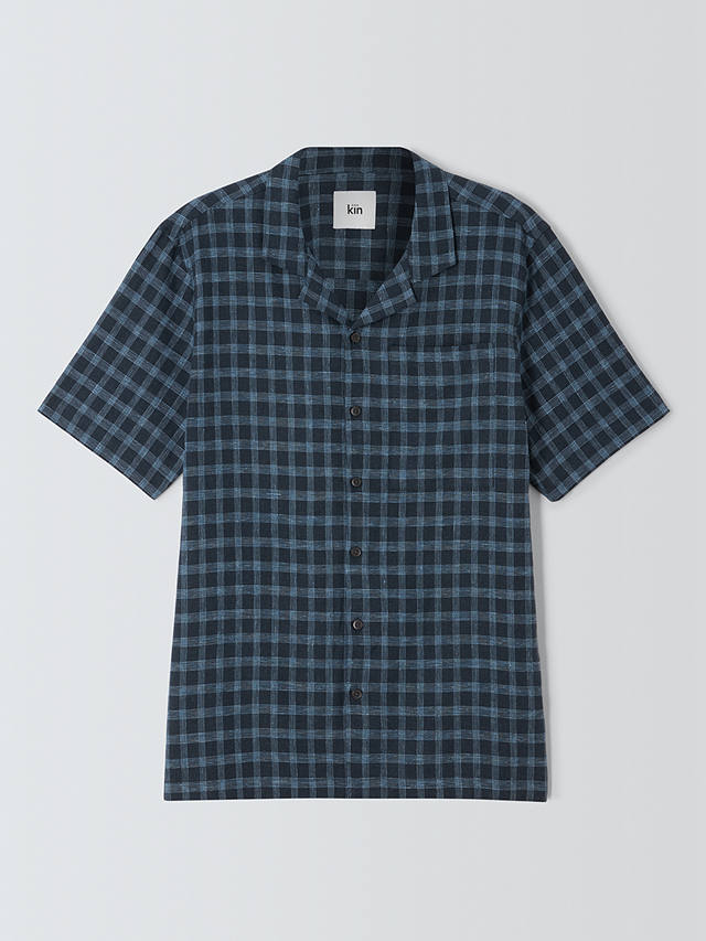 Kin Linen Blend Short Sleeve Check Revere Collar Shirt, Navy