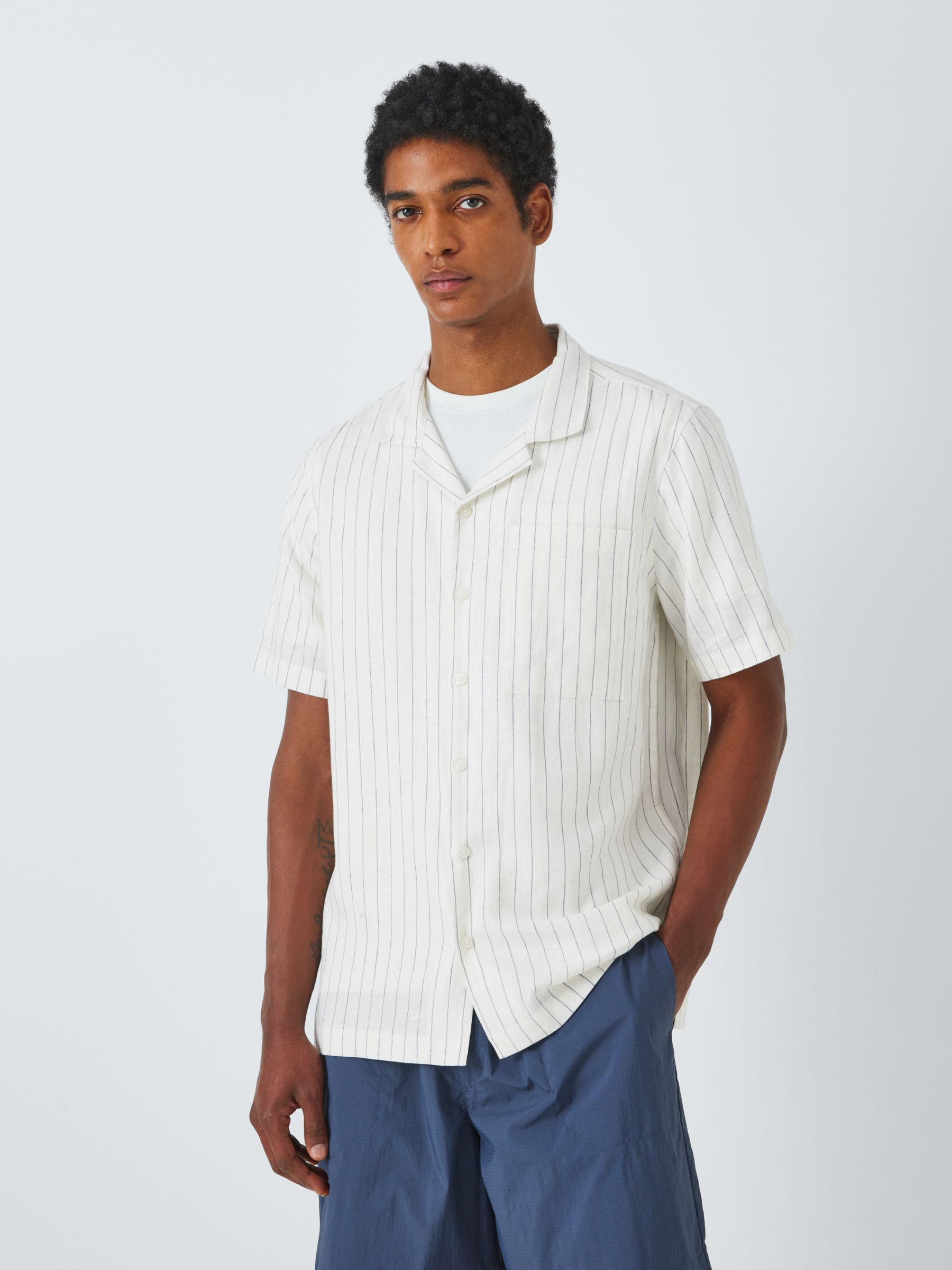 Kin Linen Blend Short Sleeve Stripe Revere Collar Shirt, Ecru/Black, L