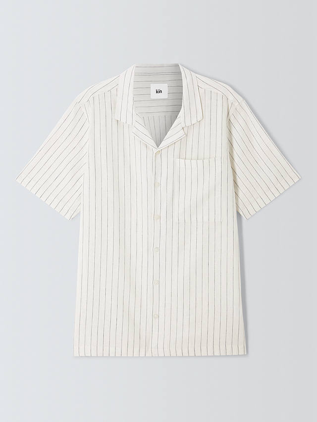 Kin Linen Blend Short Sleeve Stripe Revere Collar Shirt, Ecru/Black