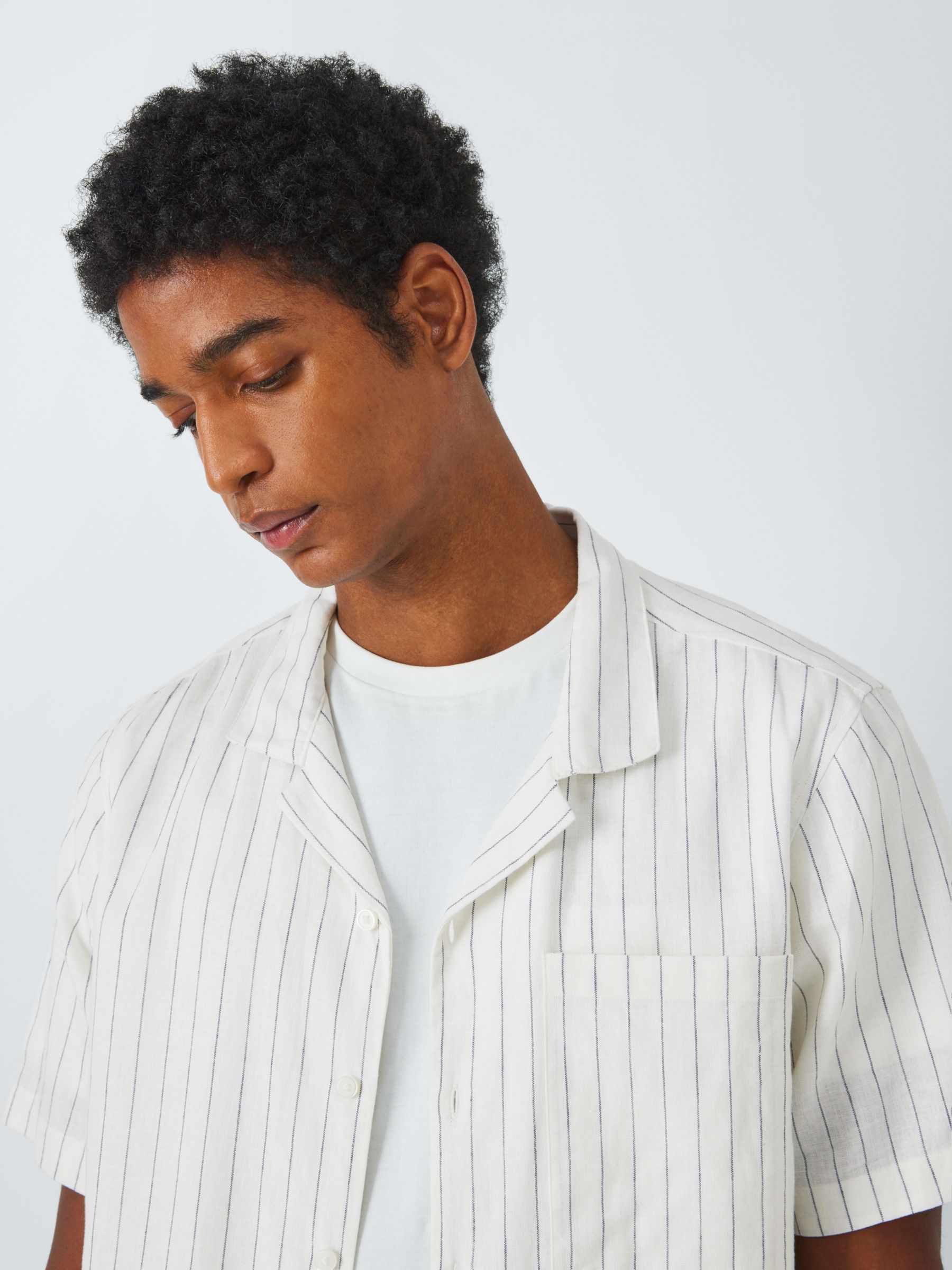 Kin Linen Blend Short Sleeve Stripe Revere Collar Shirt, Ecru/Black, L