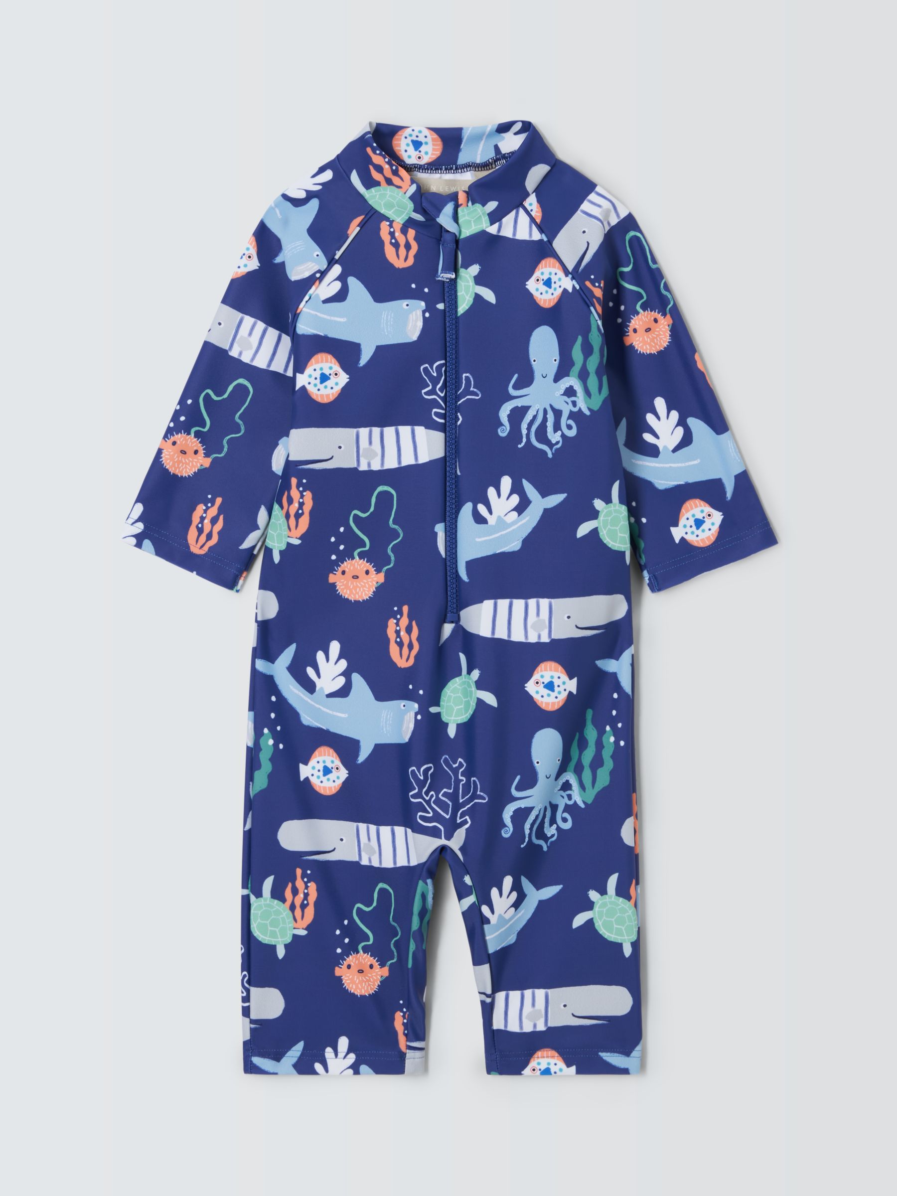 John Lewis Baby Fishing Print Sunpro Swimsuit, Navy, 12-18 months