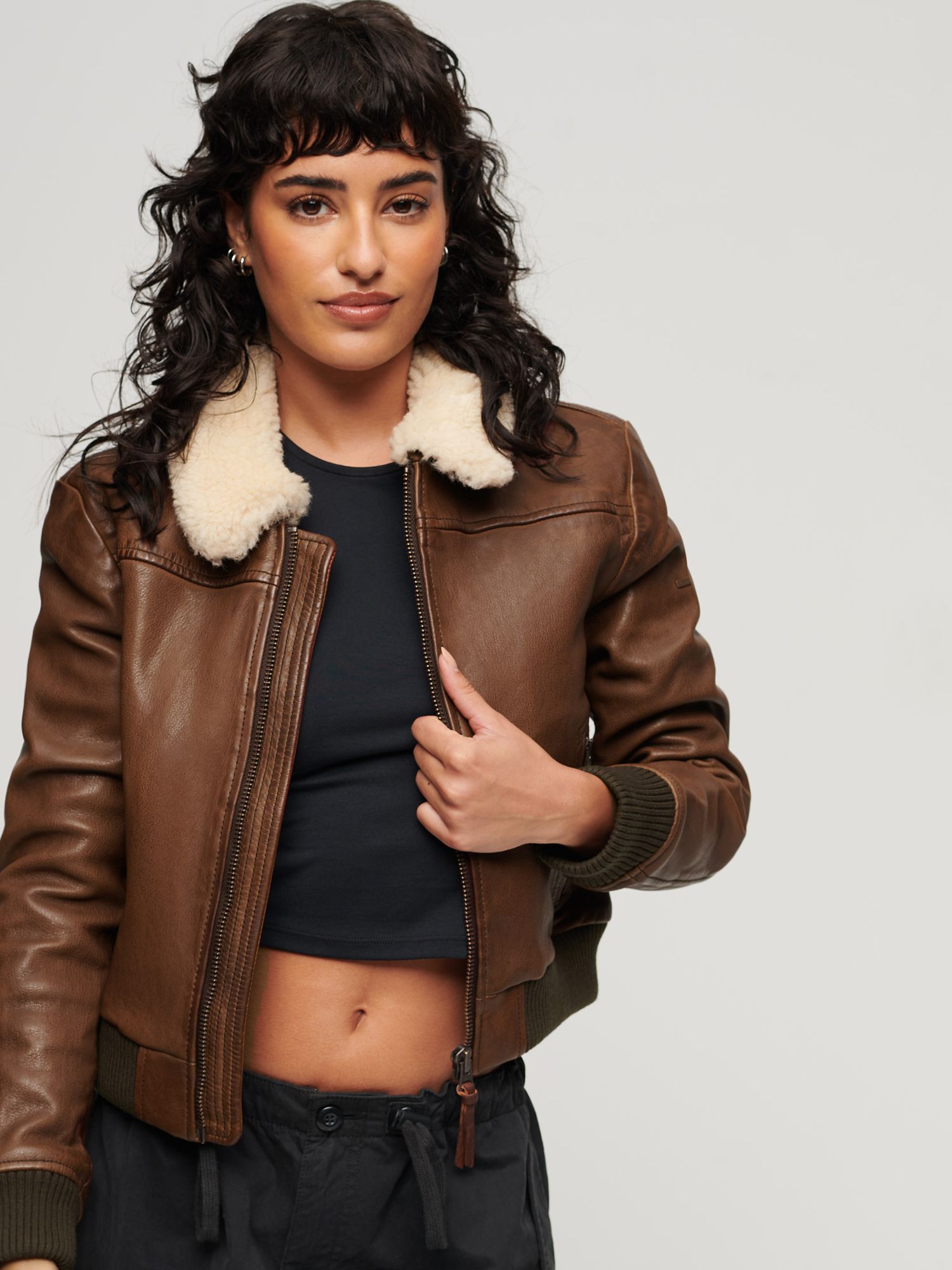 Superdry Leather Borg Collar Jacket, Chocolate at John Lewis & Partners
