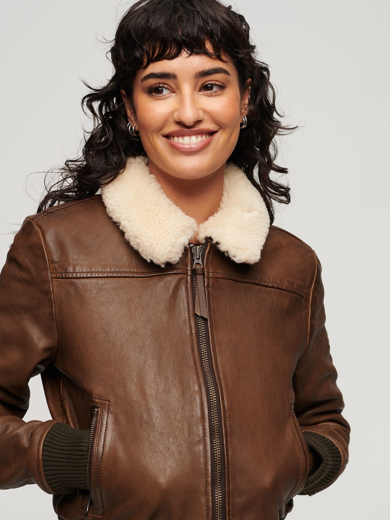 Buy Superdry Leather Borg Collar Jacket, Chocolate Online at johnlewis.com