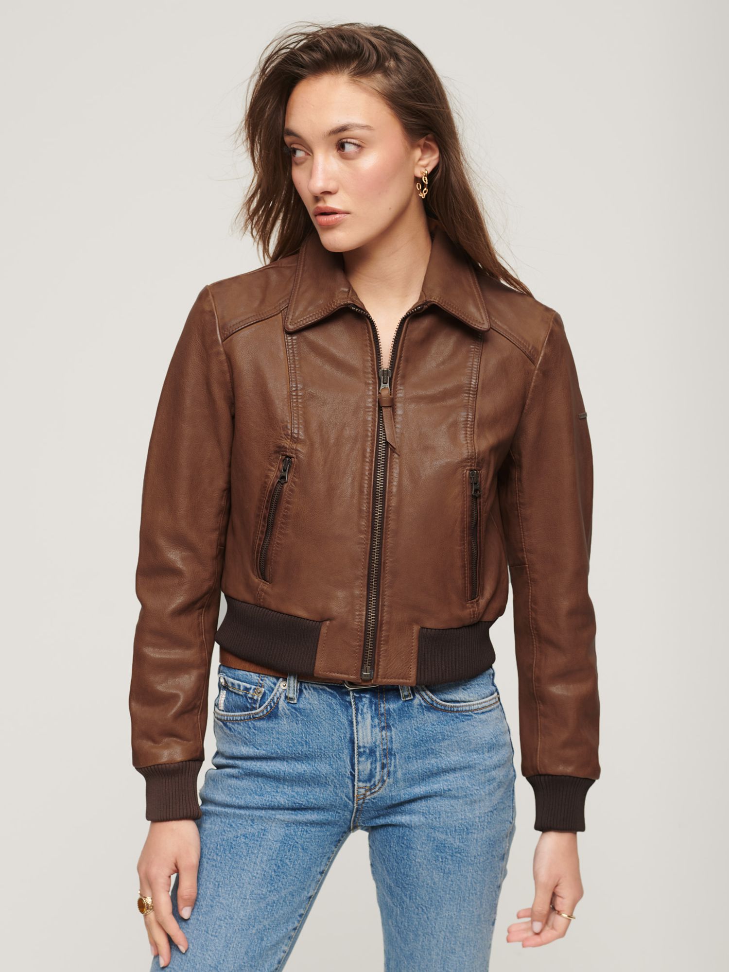 Superdry 70s Leather Jacket, Washed Tan at John Lewis & Partners