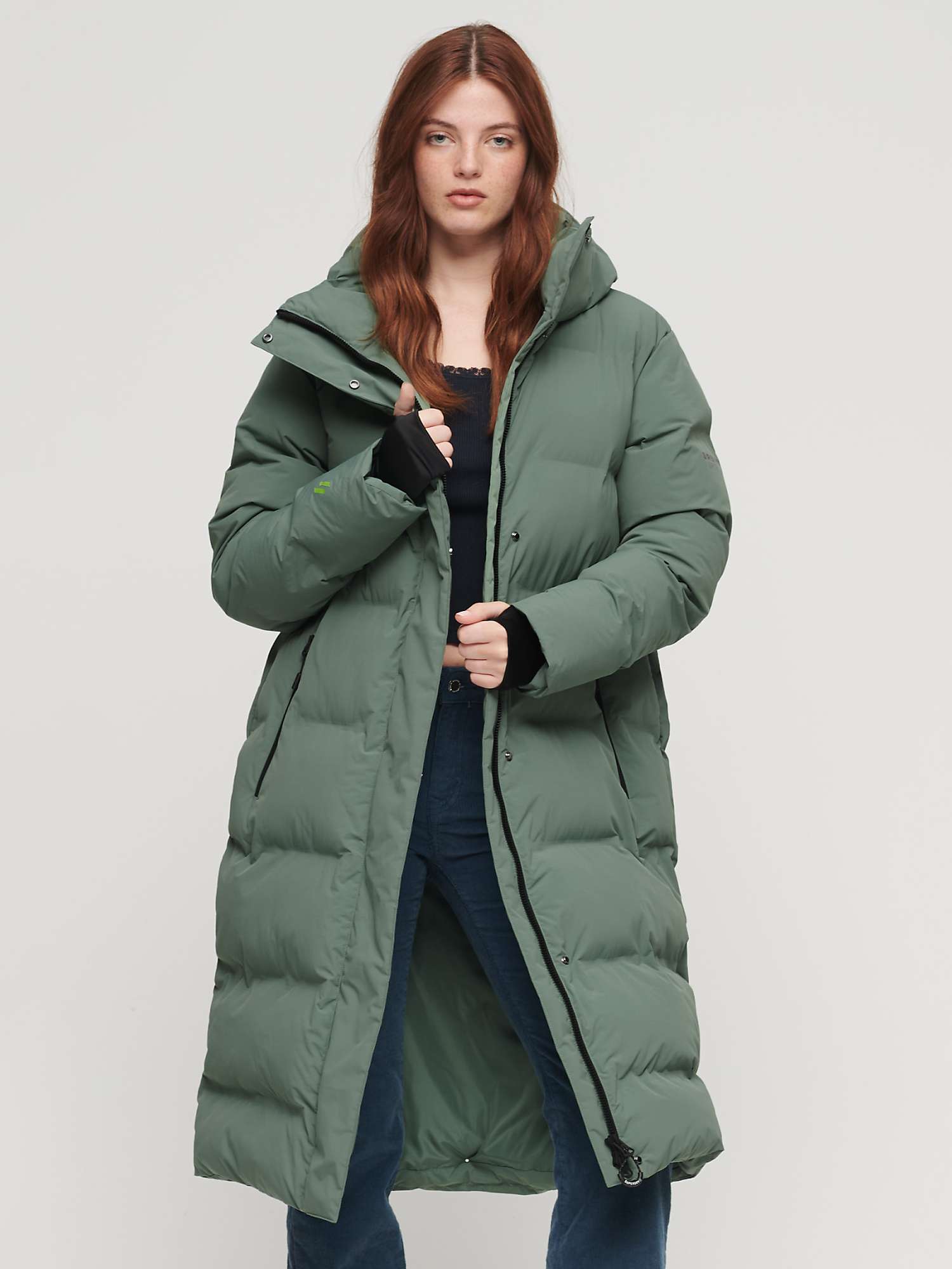 Superdry Hooded Longline Puffer Coat, Laurel Khaki at John Lewis & Partners