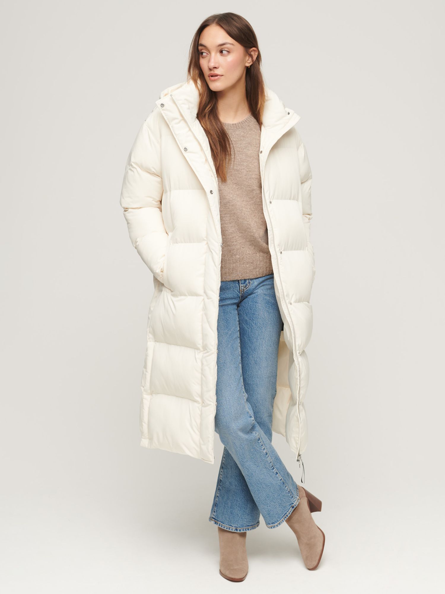 Superdry Hooded Longline Puffer Coat, Off White at John Lewis & Partners